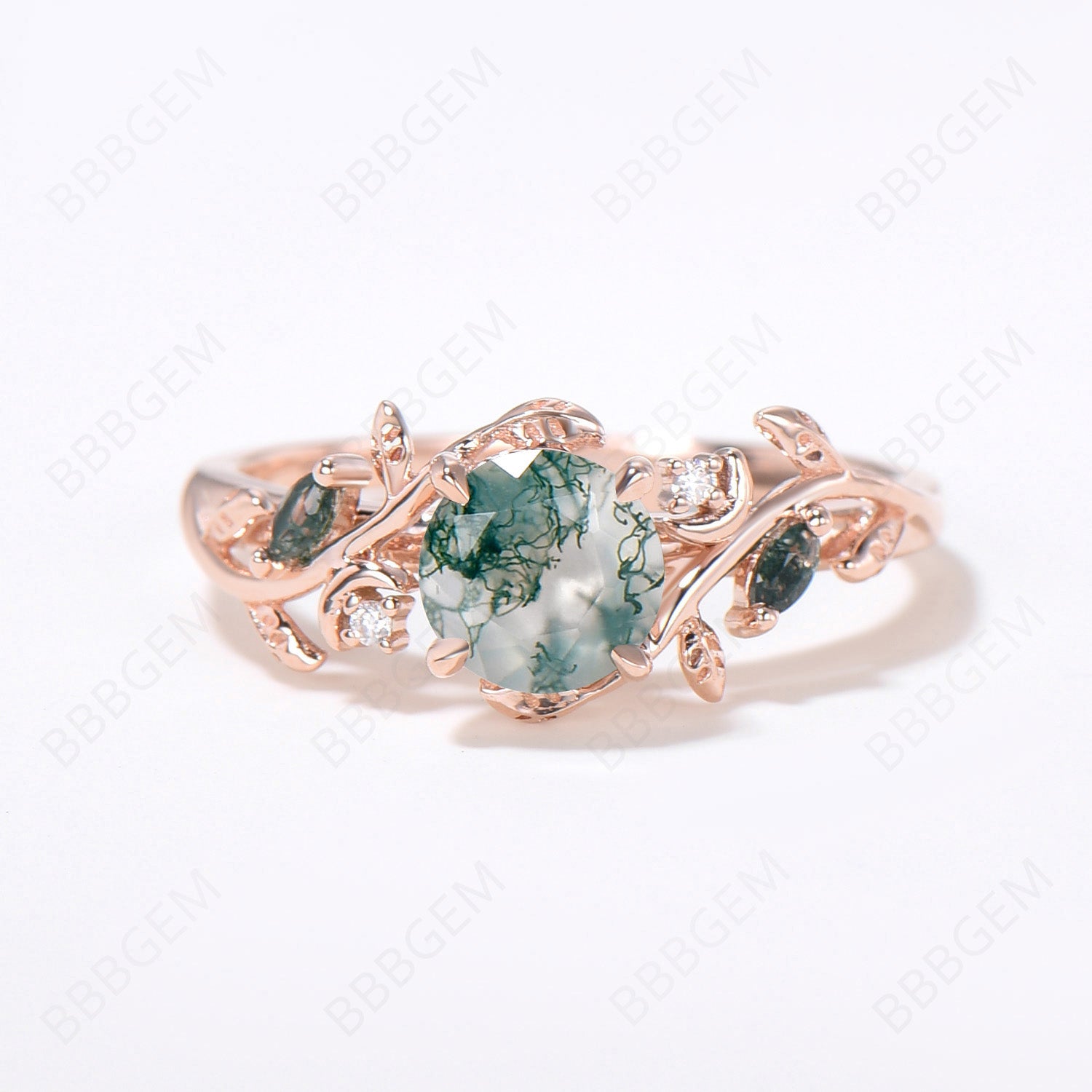 14K Rose Gold Moss Agate Engagement Ring Set - Nature Inspired Leaf Vine Design with Round Aquatic Agate Wedding Band (2-Piece Bridal Set) | Perfect for Outdoor Weddings, Beach Proposals & Boho Chic Jewelry Lovers
