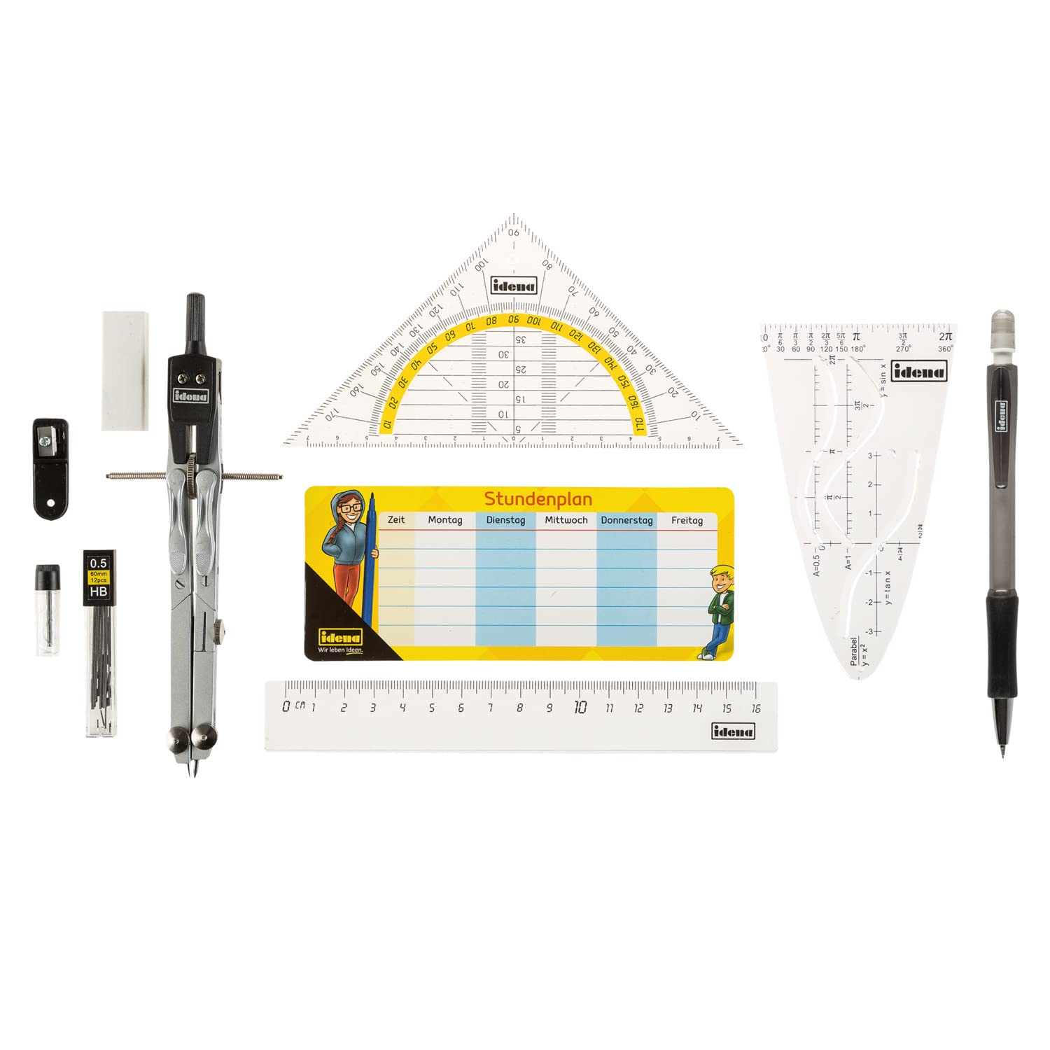 Idena 20066 Professional Drawing Compass Set - 11-Piece Geometry Kit with Protractor, Ruler, Replacement Leads, Mechanical Pencil, Eraser & Sharpener - Perfect for School, Engineering & Art Projects