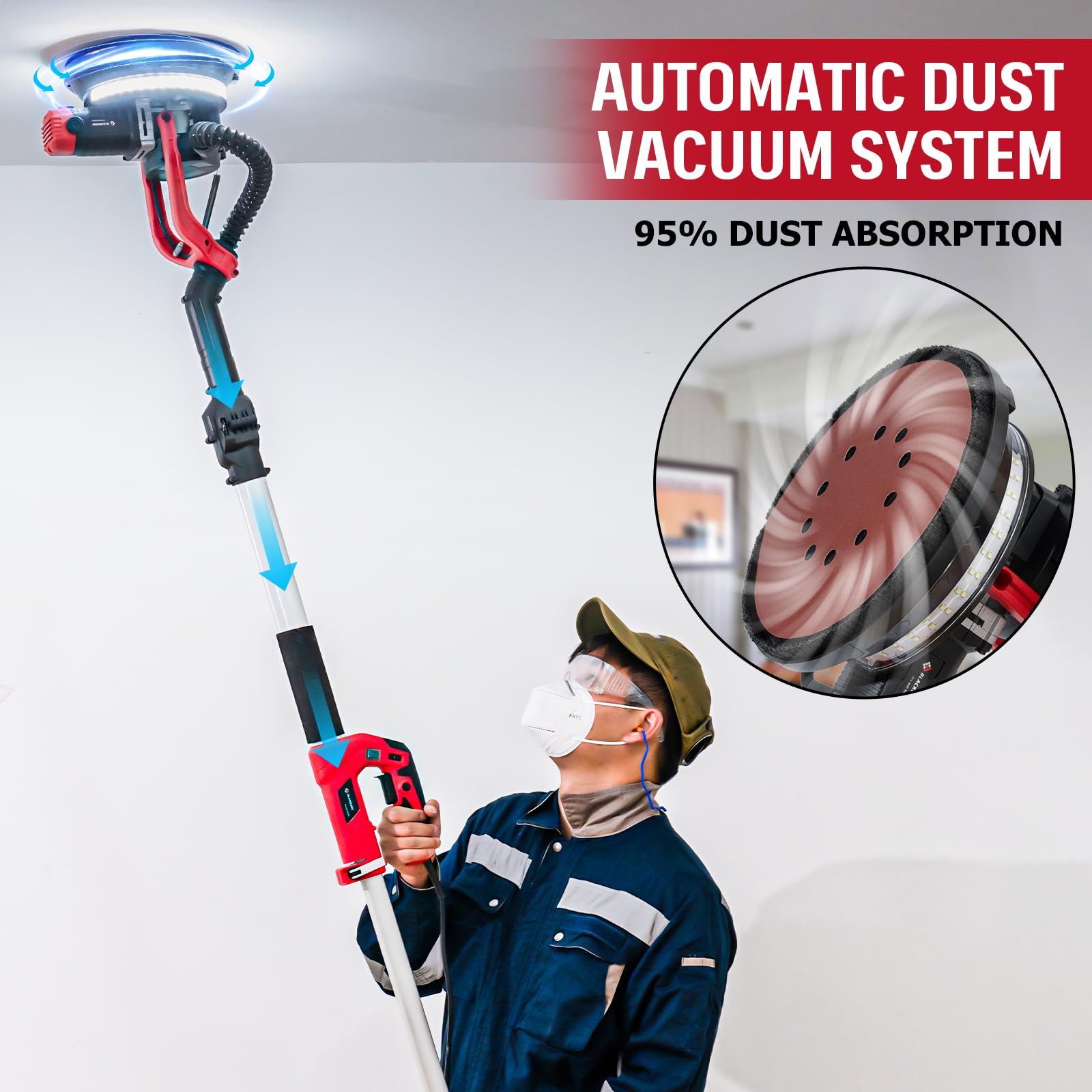 880W Electric Drywall Sander with Vacuum Dust Collection - Blackcube Popcorn Ceiling Removal Tool, 5 Variable Speed (1000-2100 RPM), LED Lights & 14 Sanding Discs - Perfect for Drywall Repair, Ceiling Texturing and DIY Home Renovation Projects