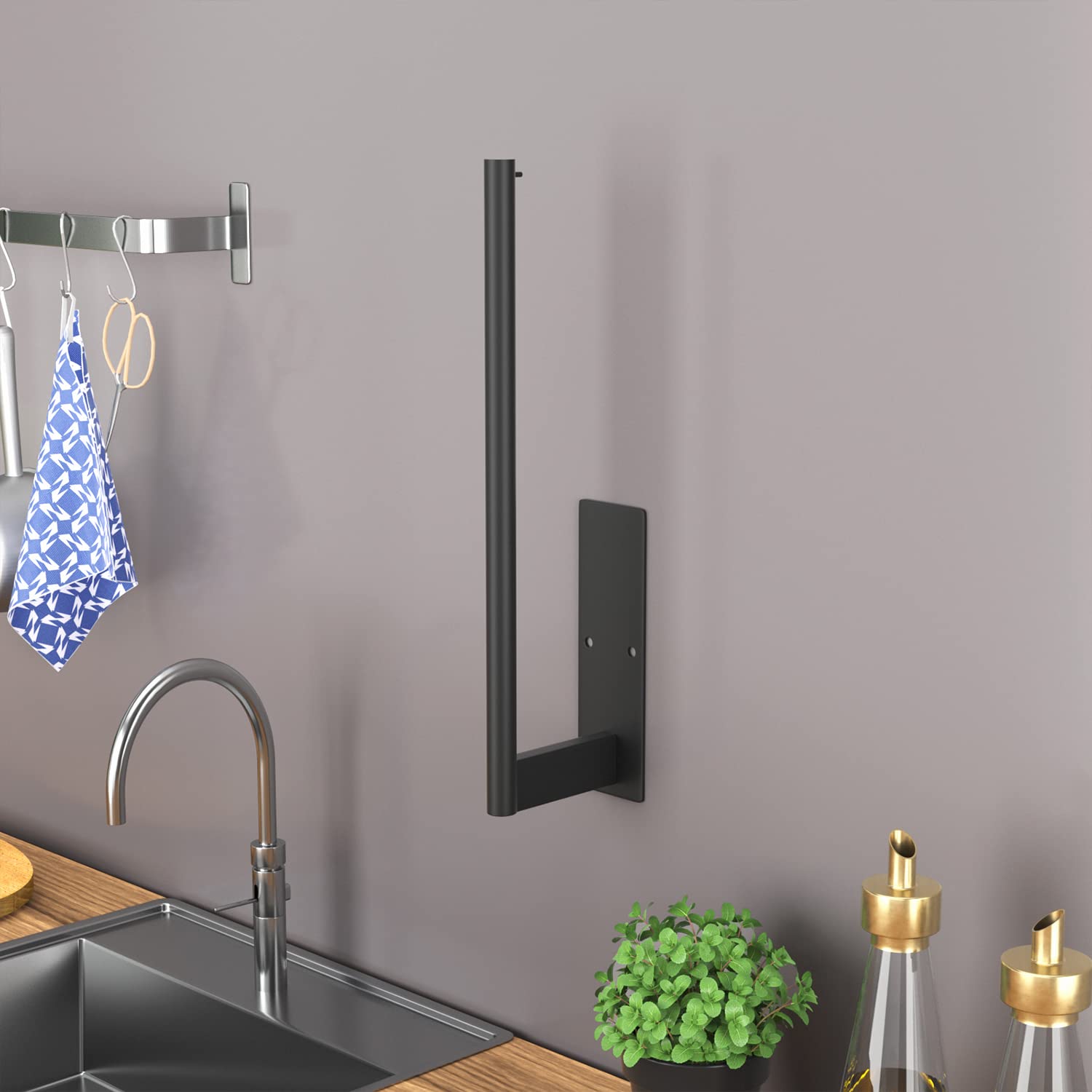 Stainless Steel Under Cabinet Kitchen Roll Holder - Matte Black Paper Towel Rack with Self-Adhesive Mounting for Kitchen, Pantry & Bathroom | Space-Saving Storage Solution for Easy Access to Paper Towels While Cooking or Cleaning