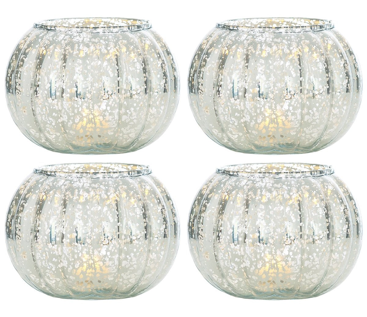 4 Pack Small Vintage Mercury Glass Candle Holders - 3.5 Inch Autumn Design Silver Candle Votive for Home Decor, Wedding Centerpieces, Party Decorations - Perfect for Fall Tablescapes, Thanksgiving Decor & Holiday Dinner Settings