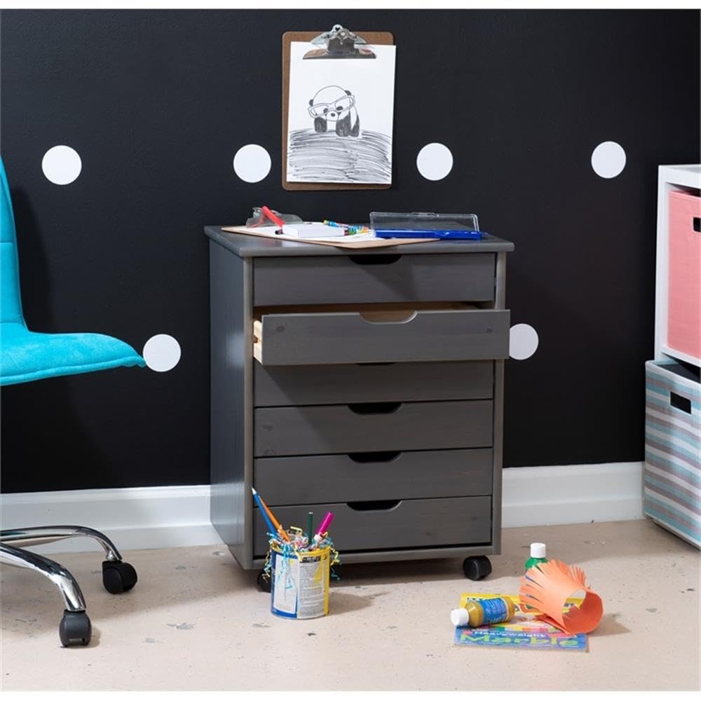 6-Drawer Wide Wooden Rolling Cart with Wheels - Gray Storage Organizer for Home, Office, or Craft Room