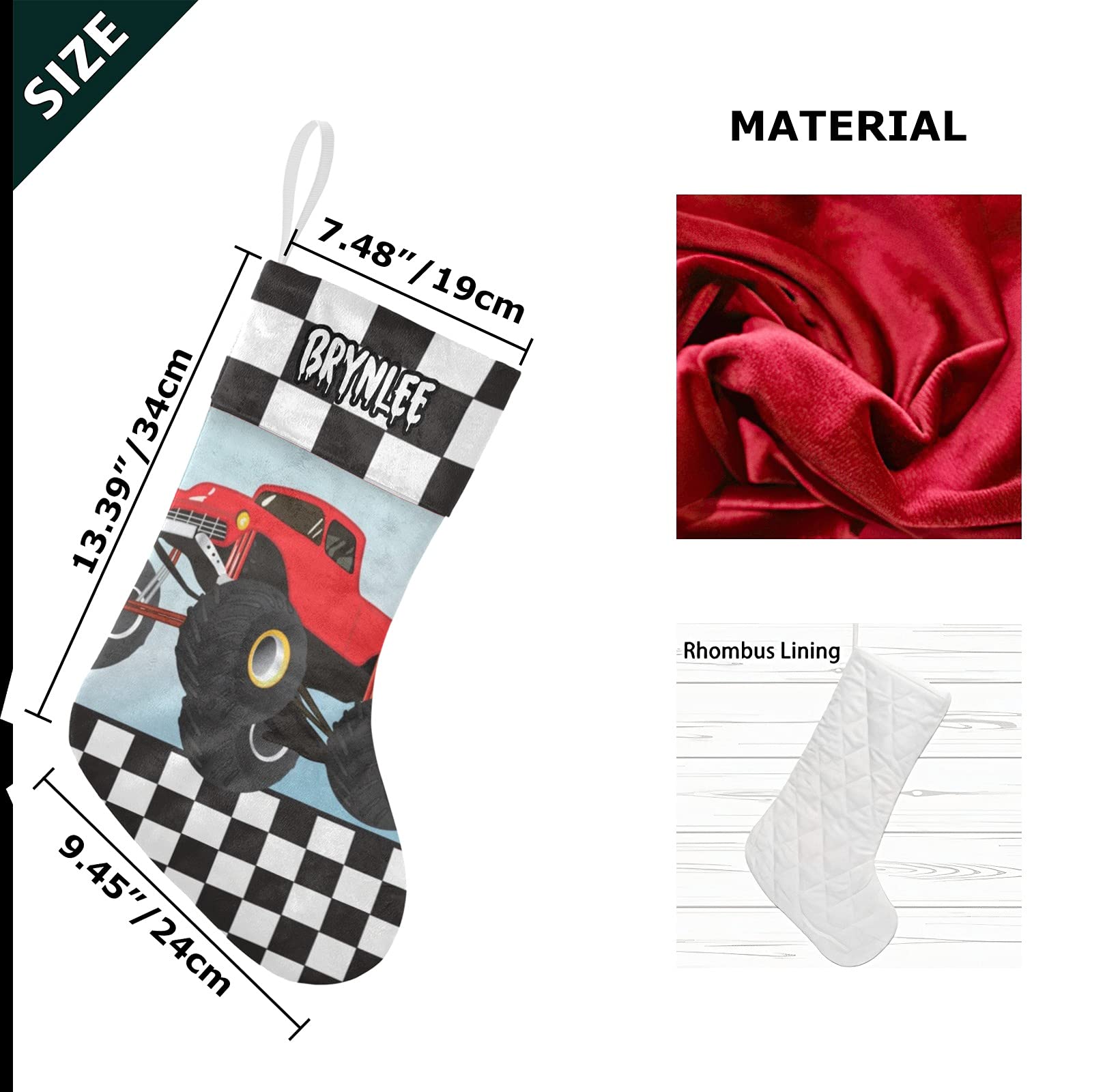 Custom Personalized Red Monster Truck Christmas Stockings with Name - Large Family Holiday Stocking for Adults, Kids, Baby & Pets - Perfect for Xmas Decorations & Gifts for Boys, Girls & Families