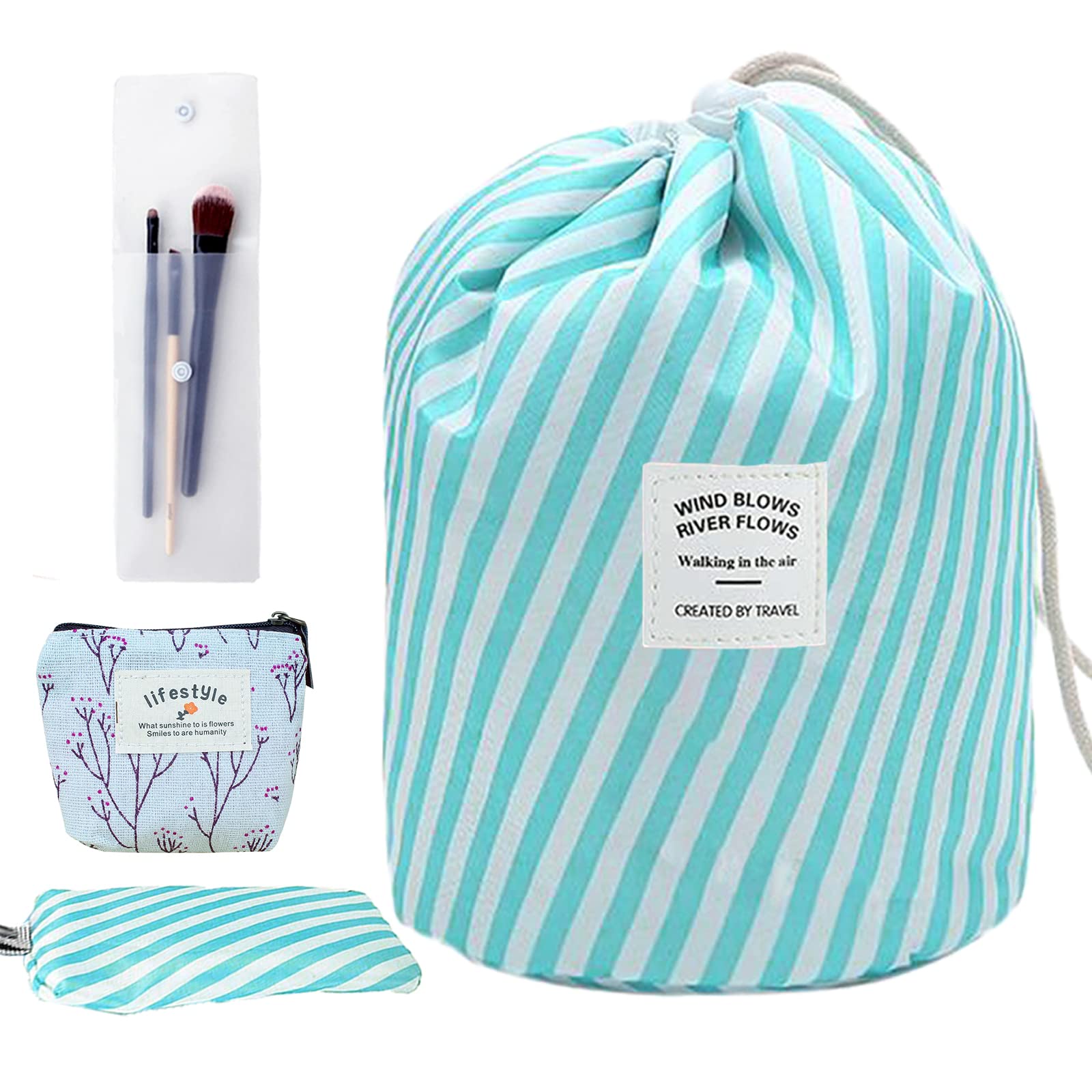 INVODA Large Waterproof Cosmetic Bag for Women - Portable Travel Makeup Organizer with Drawstring, Foldable Multifunctional Toiletry Pouch (Stripe Green) | Perfect for Gym, Beach Trips & Airplane Carry-On