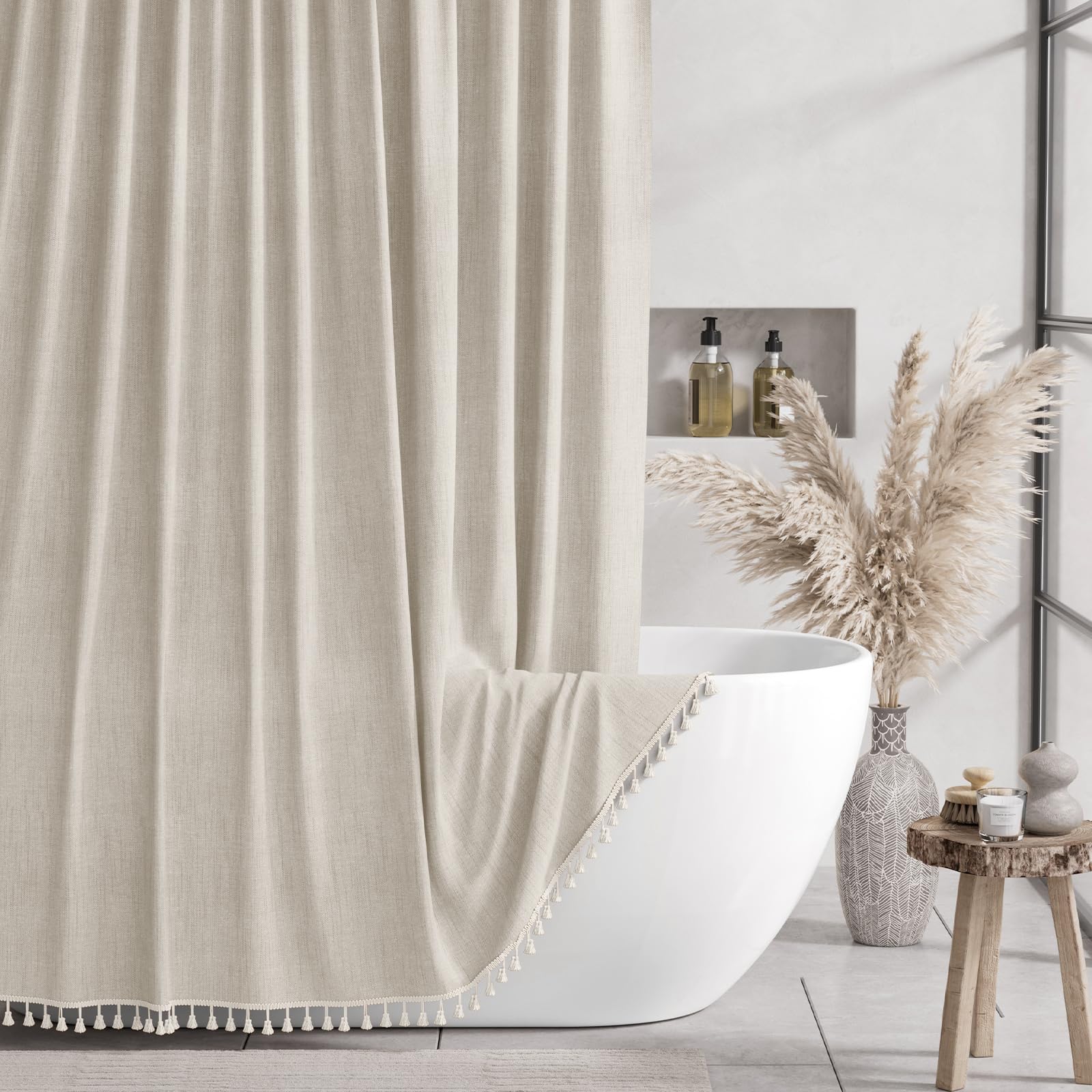 AmazerBath Beige Faux Linen Shower Curtain with Tassels - 72x72 Inch Water Repellent Bathroom Curtain for Modern Farmhouse Decor, Neutral Tasseled Shower Liner with Hooks - Perfect for Bathrooms, Guest Rooms & Spa-Style Retreats