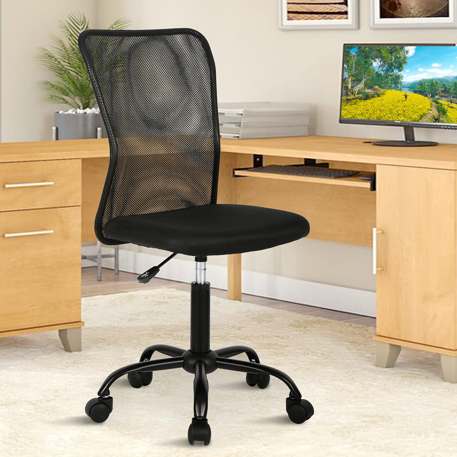 Ergonomic Mesh Office Chair - Adjustable Height Mid Back Computer Desk Chair with Wheels, Armless Modern Task Chair for Home Office, Student & Small Workspaces - Black | Perfect for Long Hours of Work & Study