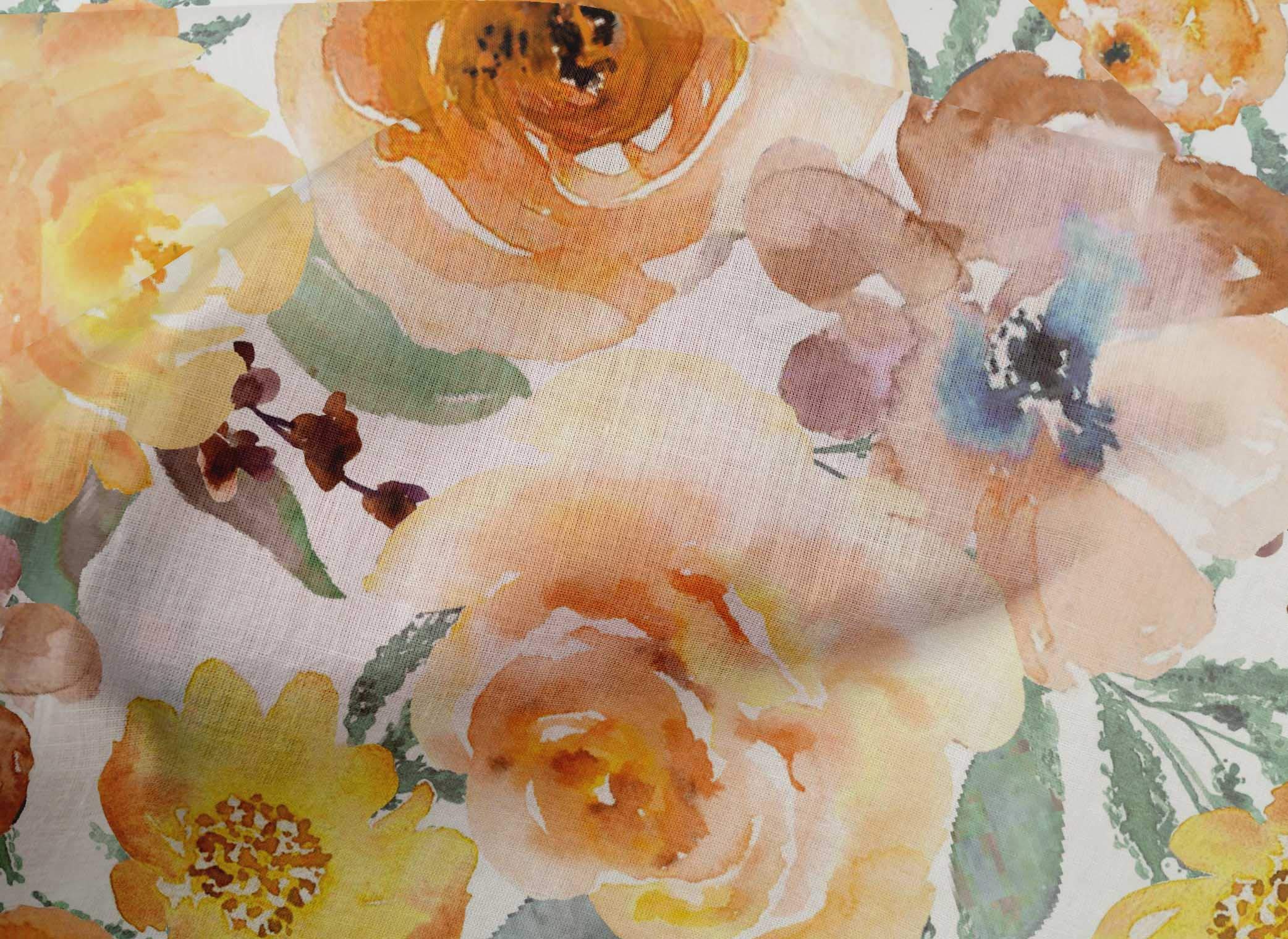 oneOone Cotton Poplin Fabric - Watercolor Leaves & Peony Floral Print - 42 Inch Wide Fabric by the Yard - Perfect for Dresses, Curtains & DIY Craft Projects