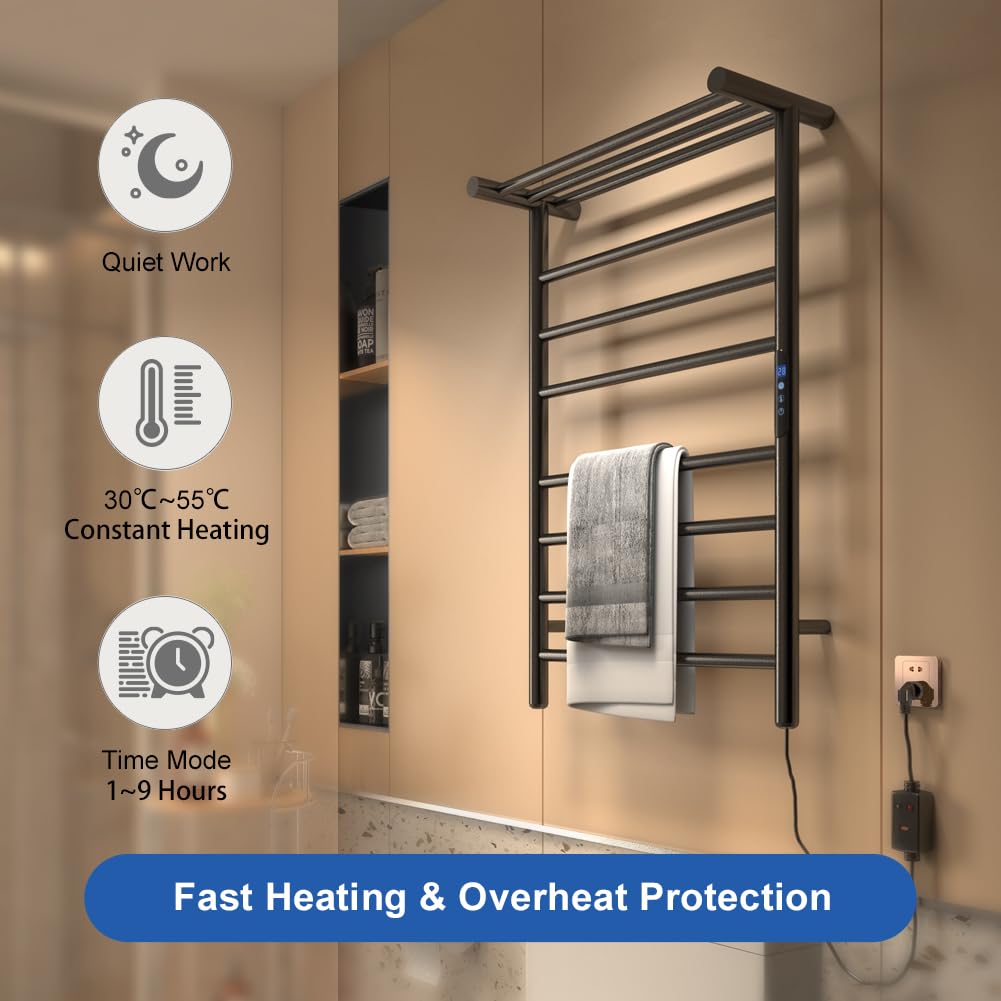 Smart Heated Towel Rack with APP & Remote Control - 10 Bar Wall Mounted Electric Towel Warmer with Timer for Bathroom Spa (Matte Black) | Perfect for Luxury Bathrooms, Hotels & Home Saunas