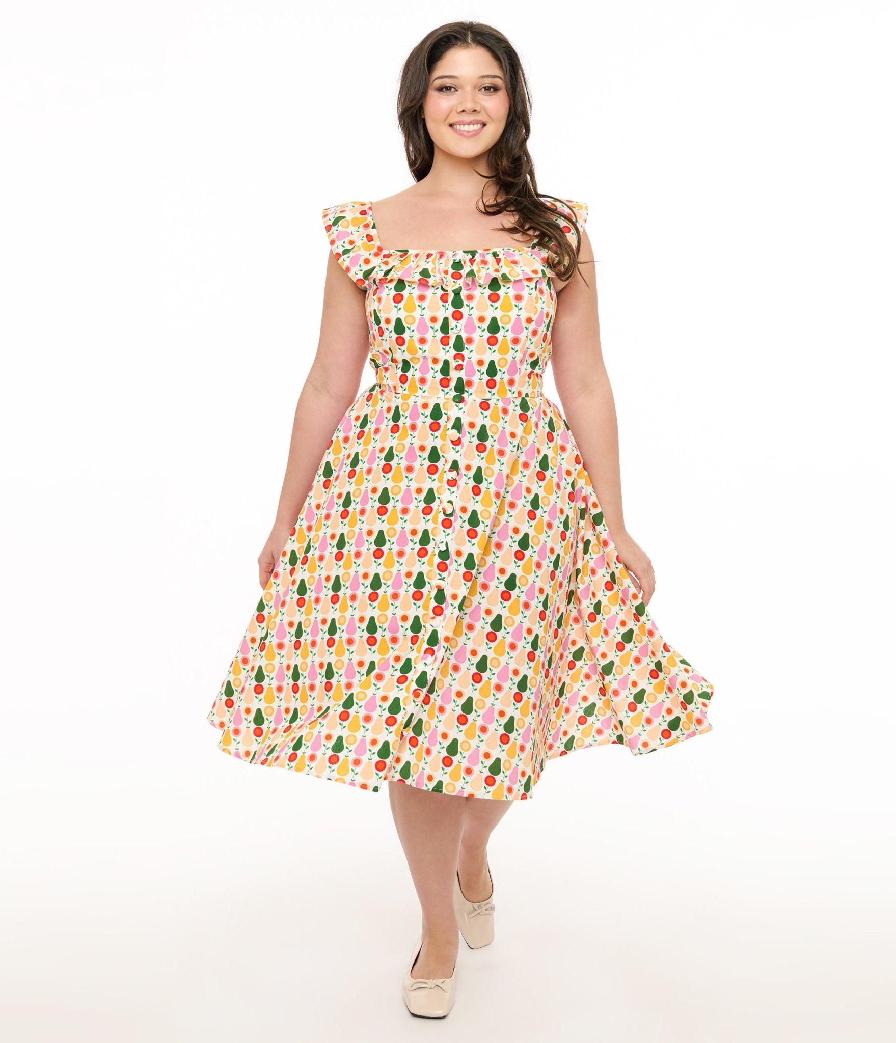 Plus Size Magnolia Place Multicolor Pear Print Cotton Swing Dress - Comfortable & Stylish for Casual Outings, Parties, and Summer Wear