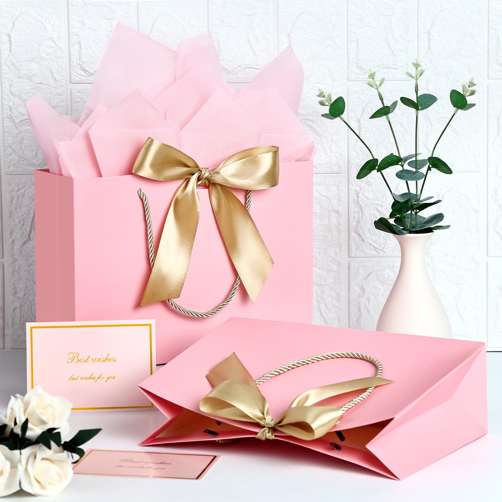 JMANNI Large Gift Bags with Ribbon - 1 Pack Includes 1 Paper Gift Bag with Handles, 1 Greeting Card & 2 Tissue Papers - Elegant Marble Pattern Present Bags for Birthday, Christmas, Wedding - Perfect for Party Favors, Bridal Showers & Corporate Gifting