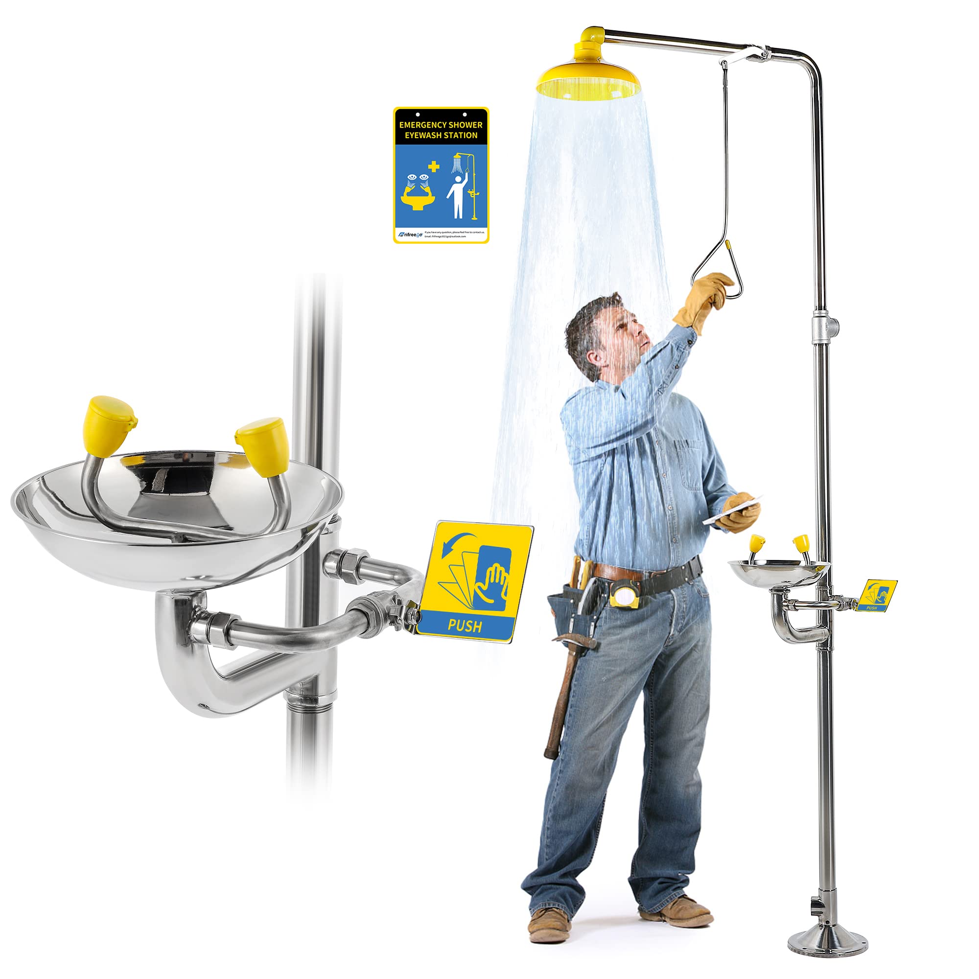 Emergency Eye Wash and Shower Station - OSHA Approved Stainless Steel Safety Equipment with NPT Threads for Industrial, Commercial & Laboratory Use | Perfect for Chemical Spills, Workplace Accidents & First Aid Scenarios