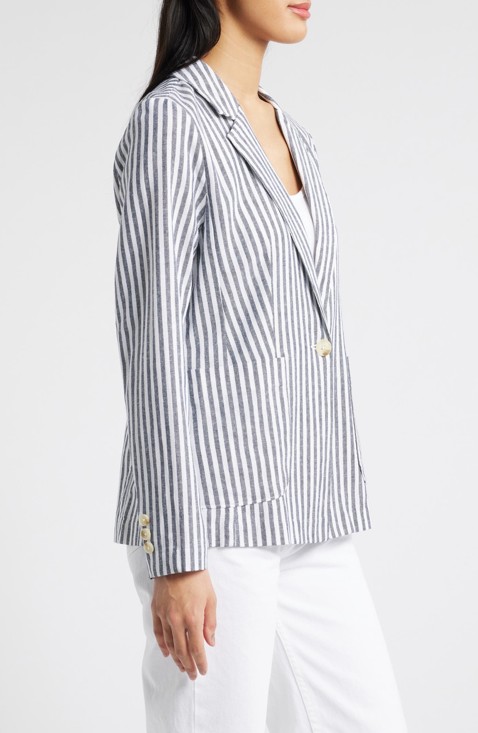 Navy and White Striped Single Button Notch Lapel Casual Women's Blazer Jacket for Office, Business, and Smart Casual Outfits