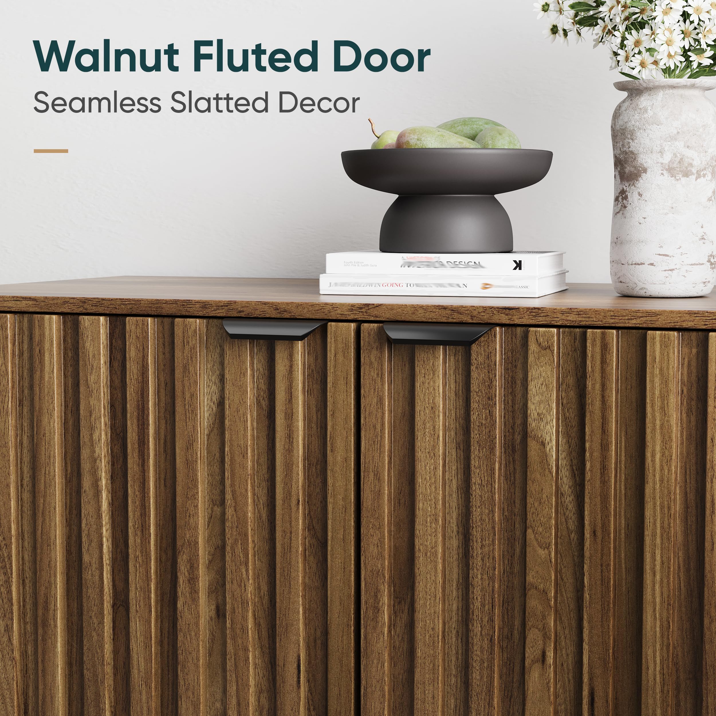 Semiocthome Walnut Buffet Cabinet with Storage - Fluted Door Sideboard with Metal Legs & Adjustable Shelf - Modern Accent Table for Living Room, Dining Room, Kitchen & Entryway - Perfect for Home Organization & Stylish Storage Solutions