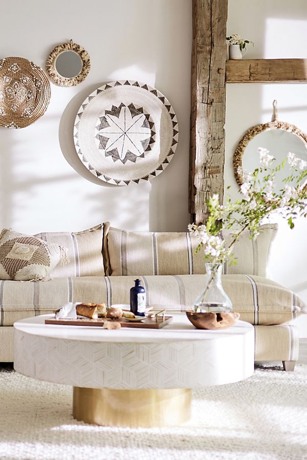 Handmade White Bone Inlay Round Coffee Table - Boho Chic Living Room Furniture for Home Decor & Lounge Area