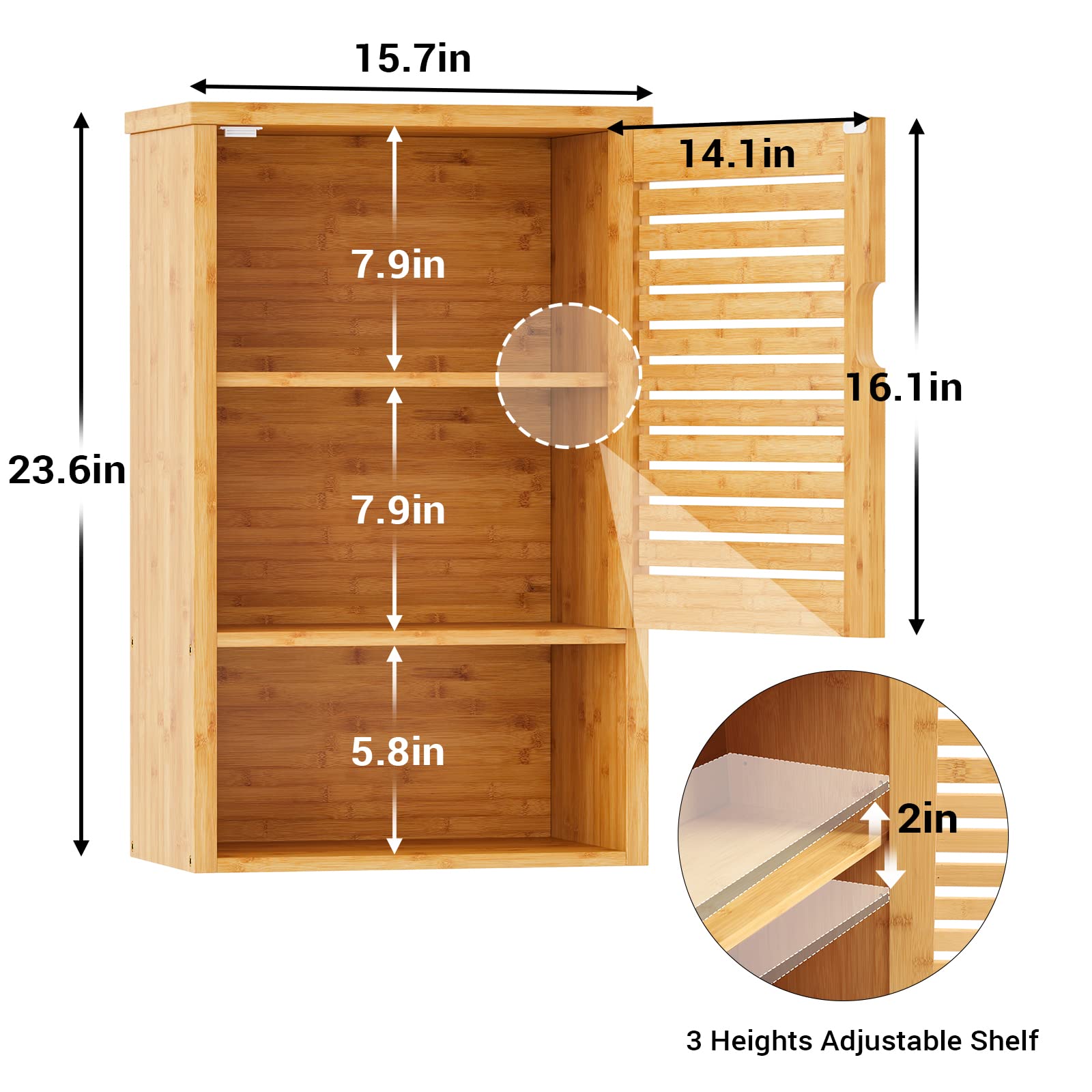 VIAGDO Wooden Bathroom Wall Cabinet - Single Door Medicine Storage with Adjustable Shelf, Bamboo Over The Toilet Hanging Cupboard (15.7’’L x 7.8’’W x 23.6’’H) - Perfect for Small Bathrooms, Powder Rooms & Apartment Storage Solutions