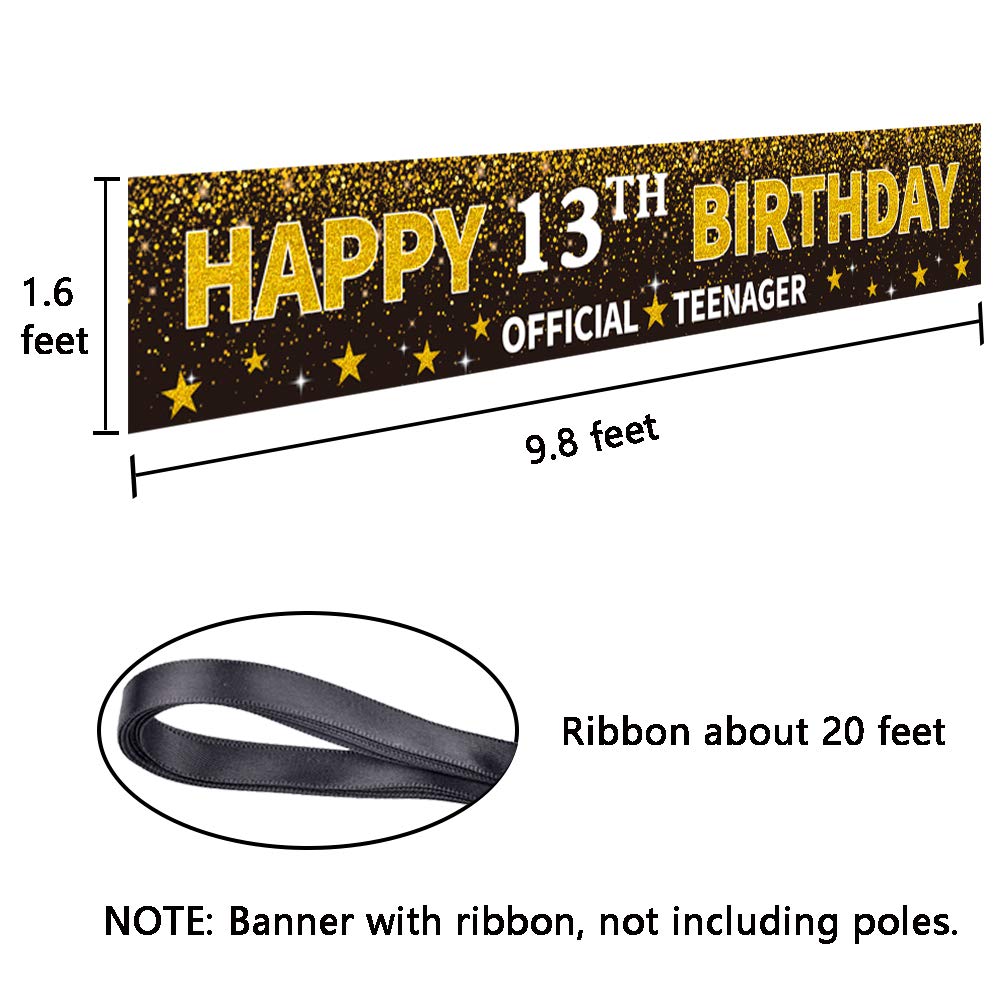 Ushinemi Happy 13th Birthday Banner - Official Teenager Party Decorations, Black 9.8x1.6Ft Backdrop Sign - Perfect for Birthday Parties, Teen Celebrations & Photo Booths