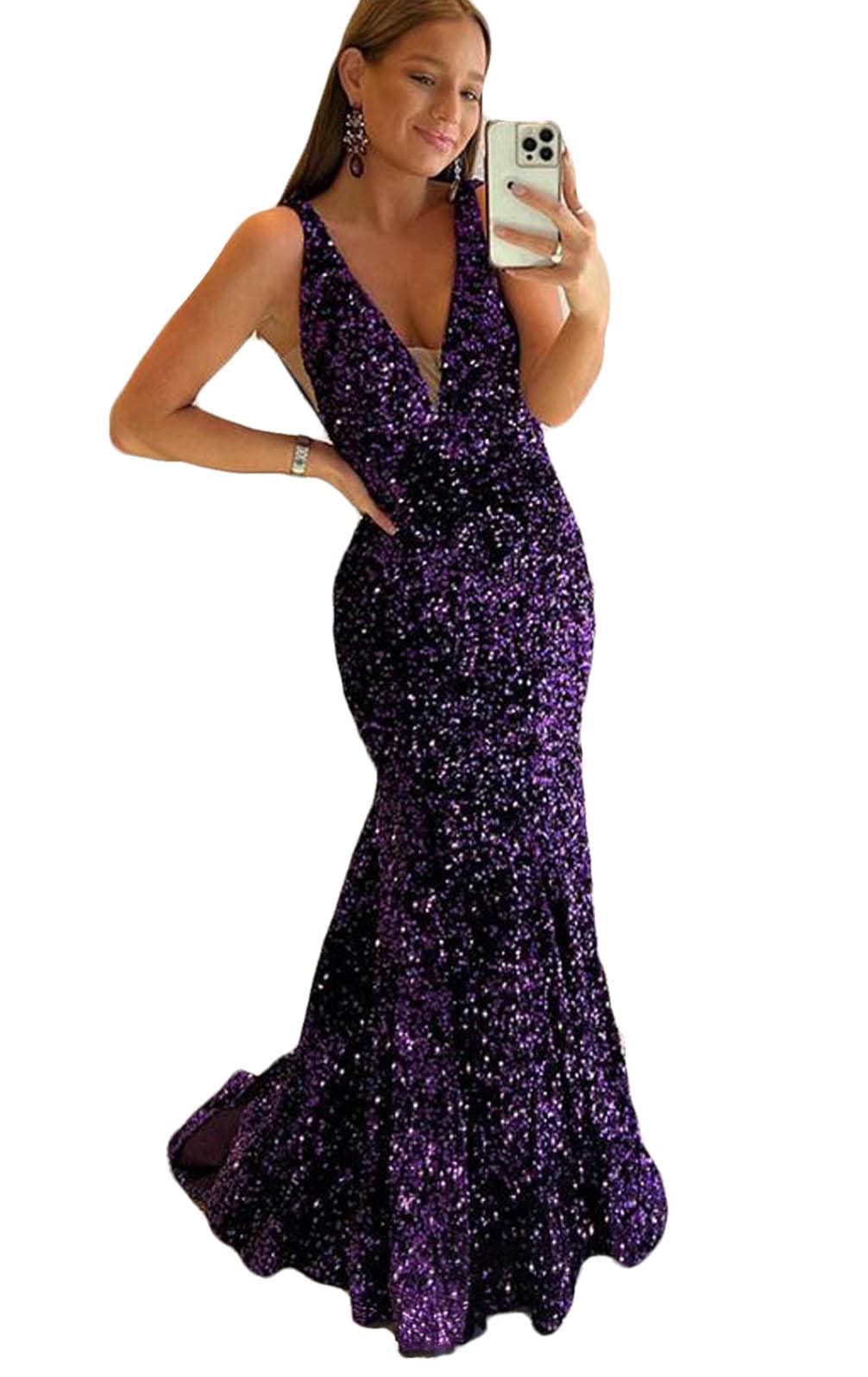 ORBITRAY Women's Elegant Mermaid V-Neck Glitter Prom Party Dress with Sequins - Formal Evening Gown Open Back for Homecoming, Wedding, Cocktail Party