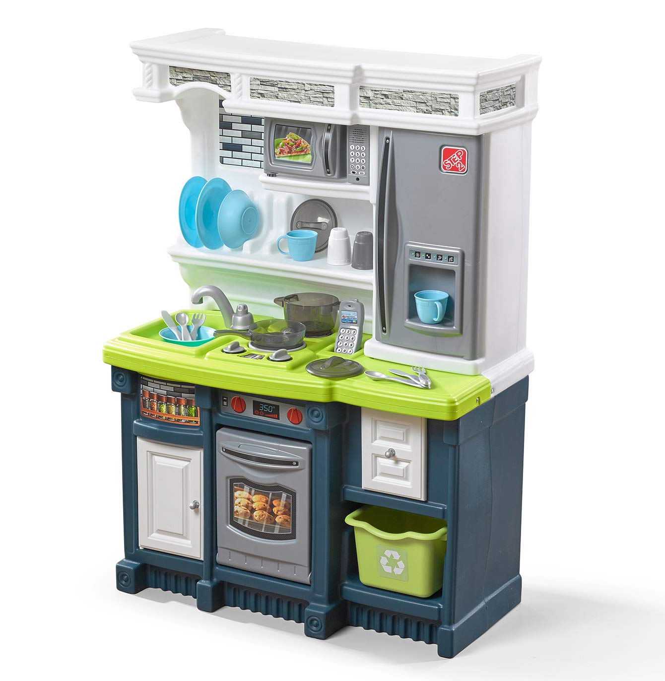 Step2 Lifestyle Custom Kids Kitchen Playset - Interactive Indoor/Outdoor Kitchenette with Lights & Sounds | Durable Plastic Toy for Toddlers Ages 2+ | 20-Piece Accessories | Blue | Perfect for Pretend Play, Birthday Gifts & Daycare Activities