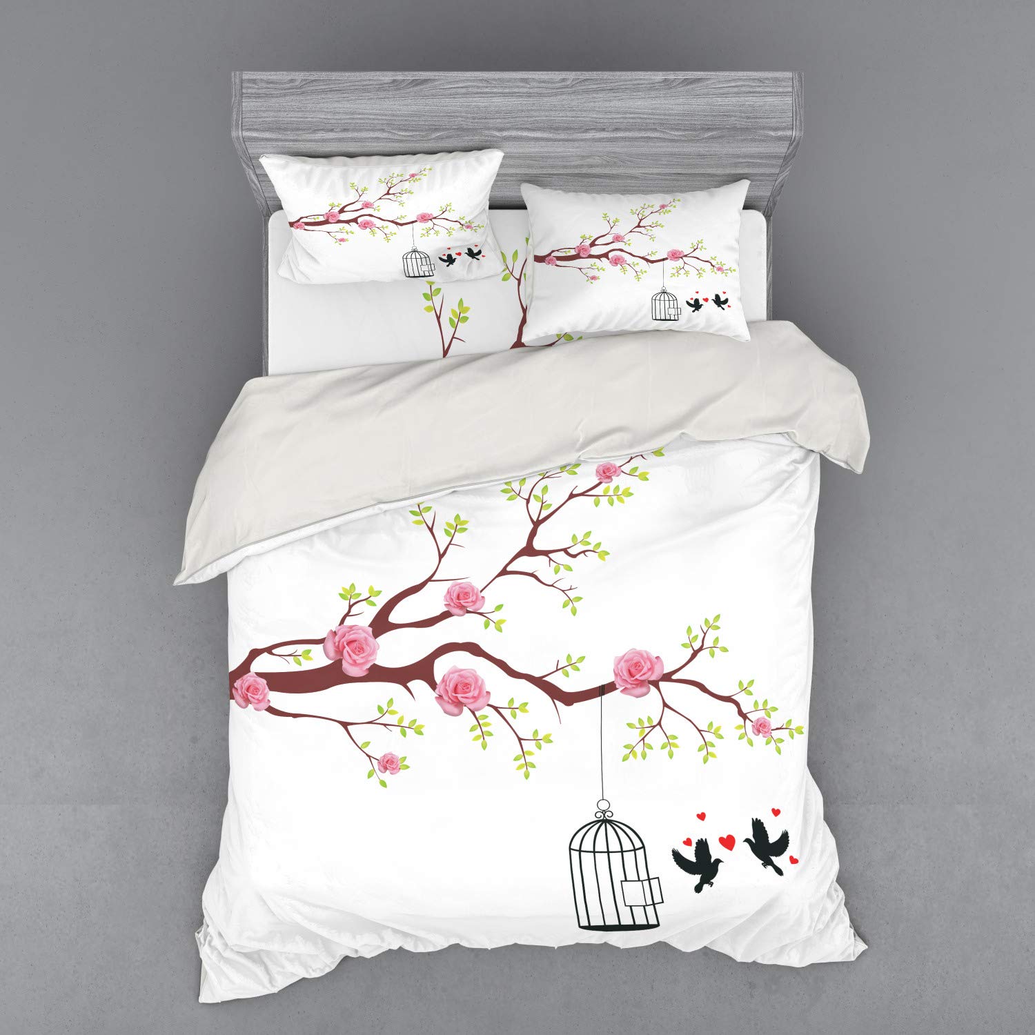 Ambesonne 4-Piece Queen Size Duvet Cover Set with Shams & Fitted Sheet - Romantic Blossomed Roses & Flying Love Birds Design in Pink, Brown & White - Perfect for Couples Bedroom, Wedding Gift & Home Decor