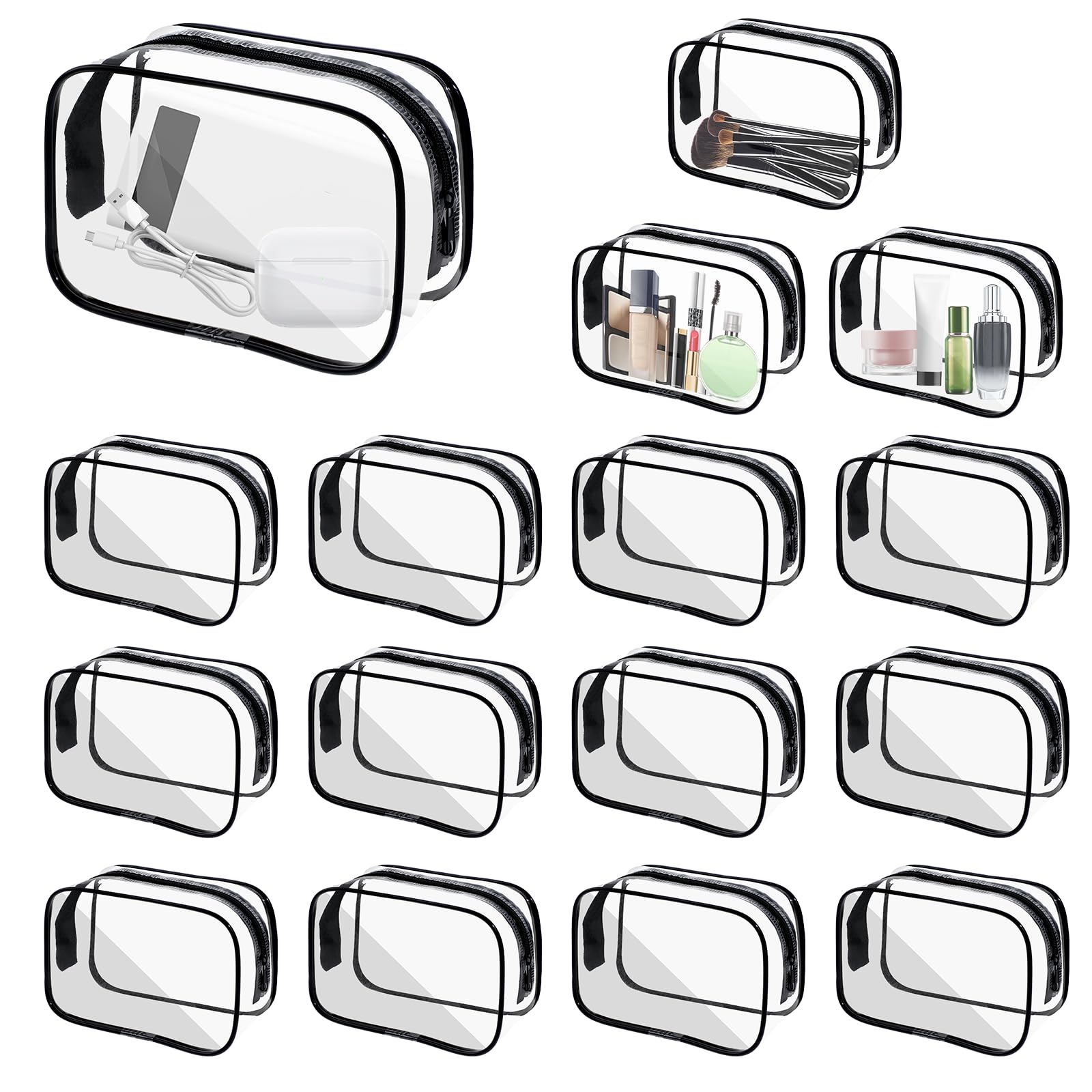 16 Pcs Clear PVC Cosmetic Bags Bulk - Waterproof Travel Makeup & Toiletry Organizer with Zipper for Women & Men | Perfect for Airplane Carry-on, Gym Essentials & Bathroom Storage