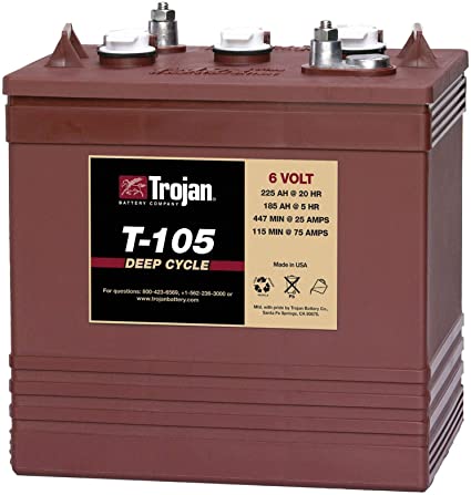 Trojan T-105 6V 225Ah Deep Cycle Battery - Premium Flooded Lead Acid Battery for Golf Carts, RVs, Marine & Solar Power Systems