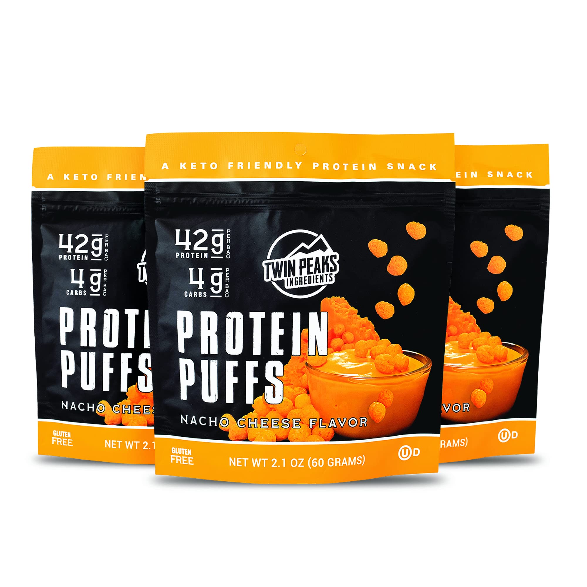 Twin Peaks Low Carb Keto Protein Puffs - Nacho Cheese Flavor (3 Pack, 60g Total, 42g Protein, 4g Net Carbs) | High Protein Snack for Weight Loss & Keto Diet | Perfect for Office, Gym & Movie Nights