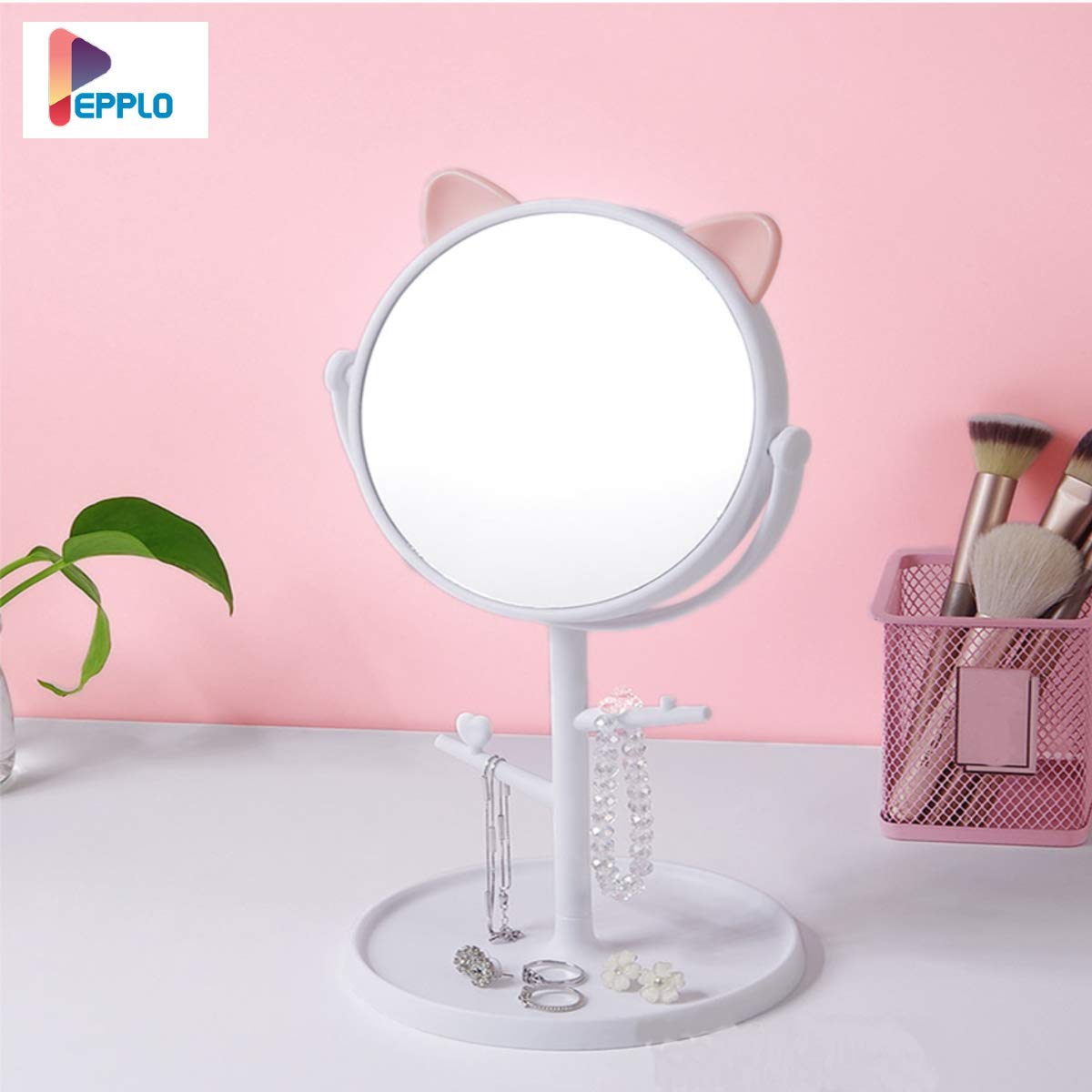 Pepplo White Round Framed Glass Tabletop Cat Shape Makeup Mirror - Adjustable Rotating Vanity Mirror for Bathroom, Bedroom & Dressing Table (Free Standing, 1 Piece) - Perfect for Makeup, Shaving & Home Decor