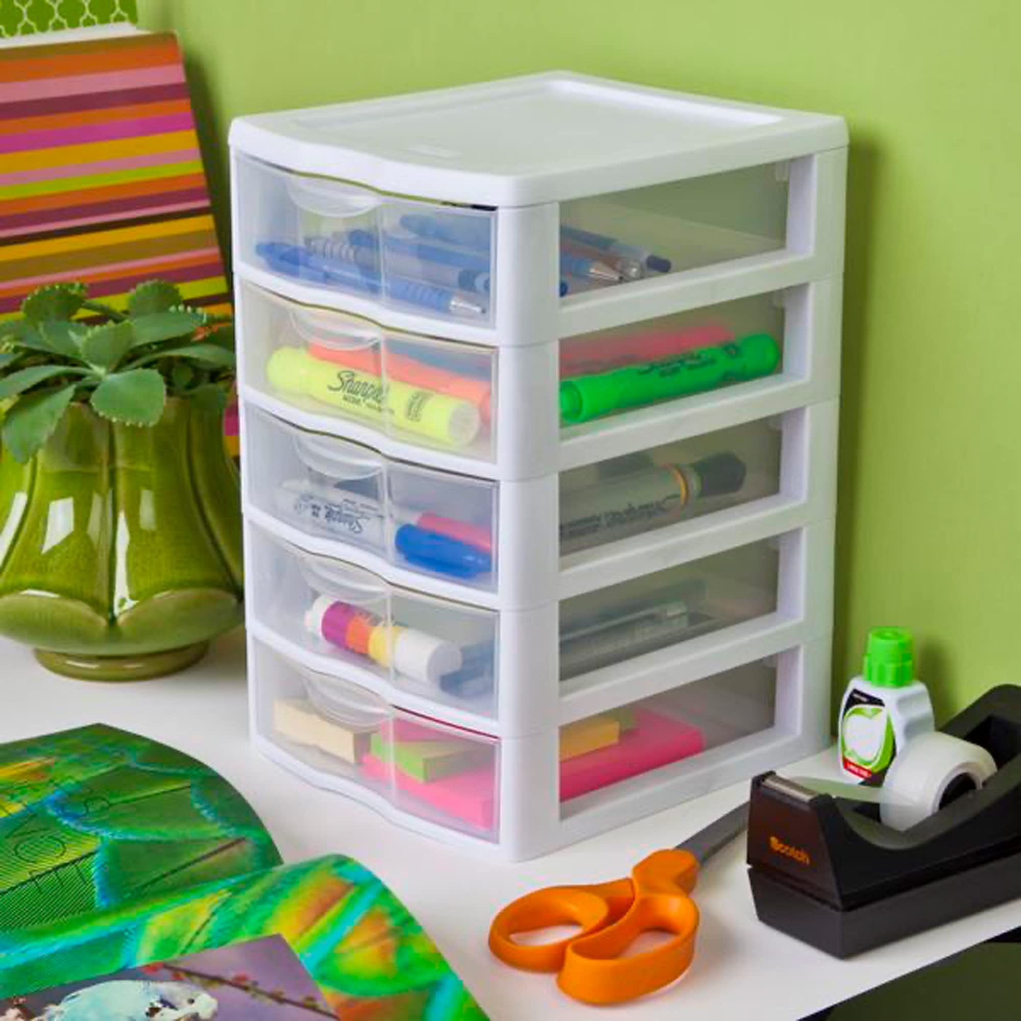 Sterilite Small 5-Drawer Desktop Storage Organizer - White with Clear Drawers (12-Pack) | Compact Tabletop Organizer for Home Office, Bathroom Countertop & Workspace | Perfect for School Supplies, Makeup Storage & Craft Organization