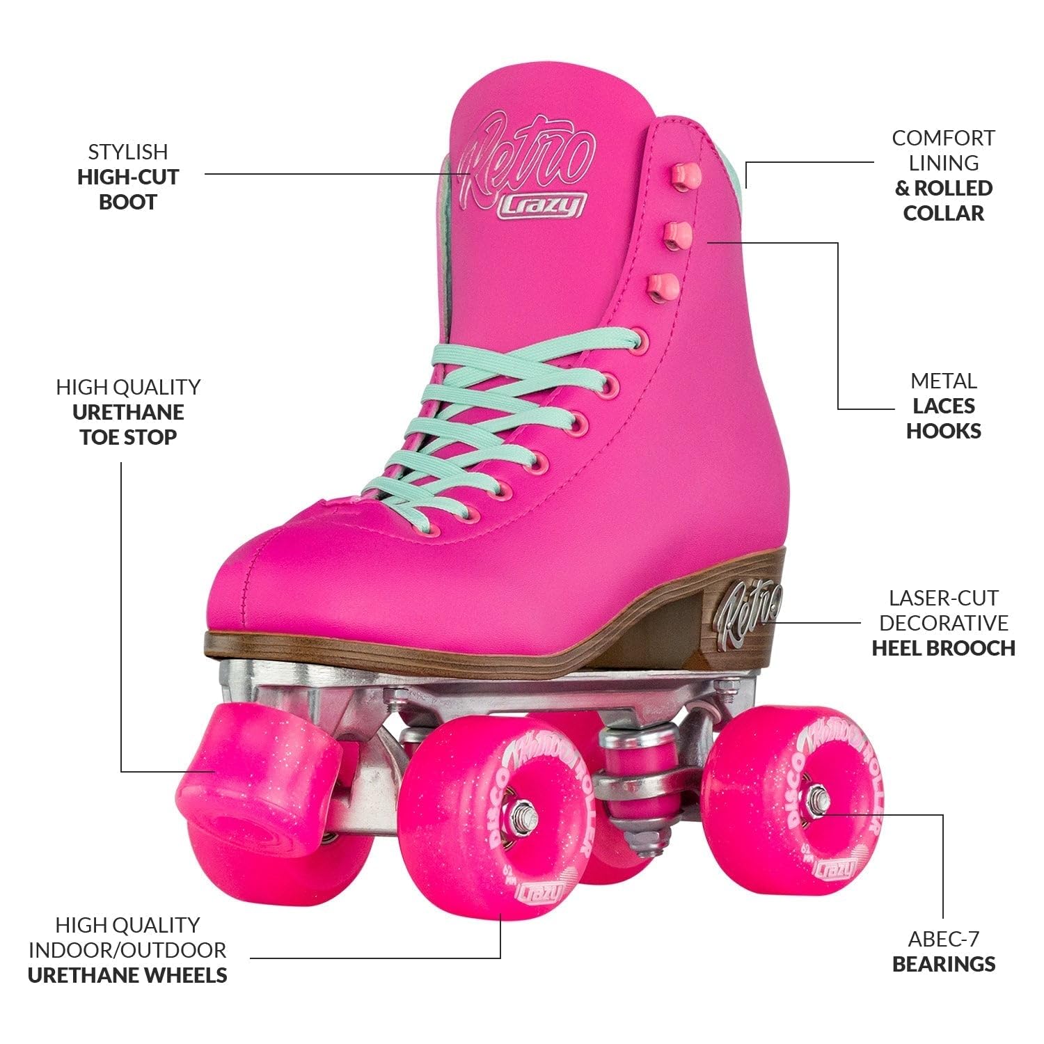 Crazy Skates Retro Roller Skates - Adjustable & Fixed Size Quad Skates for Men, Women & Kids | Classic 80s Style Roller Skates for Indoor & Outdoor Rink, Roller Disco & Fitness