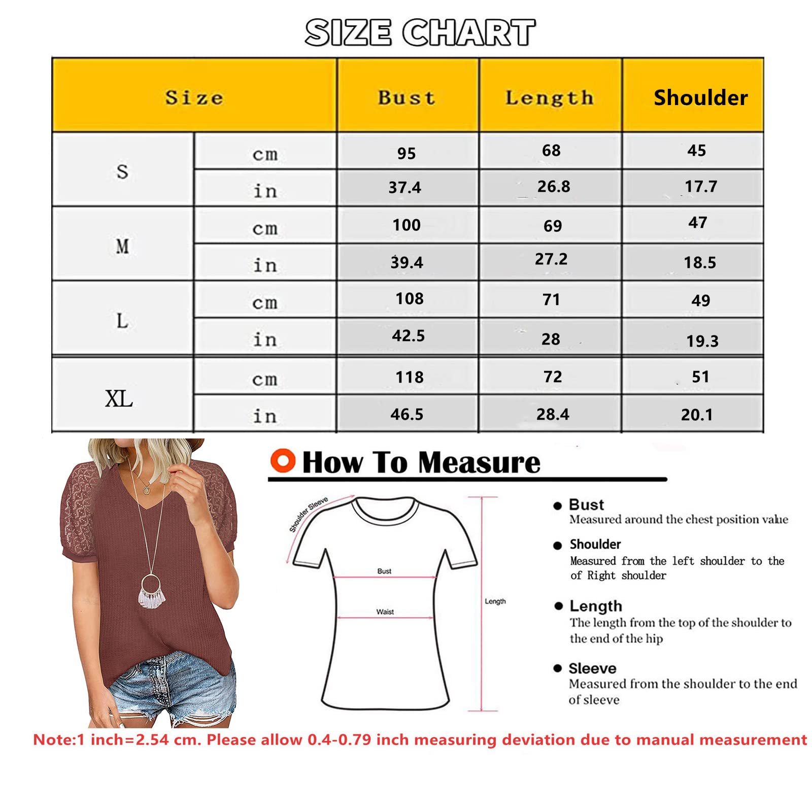 Women's Lace Patchwork Blouse - Short & Long Sleeve Waffle Knit Tunic Top with Crew Neck | Casual Loose Puff Tee Shirt for Work, Date Night & Everyday Wear