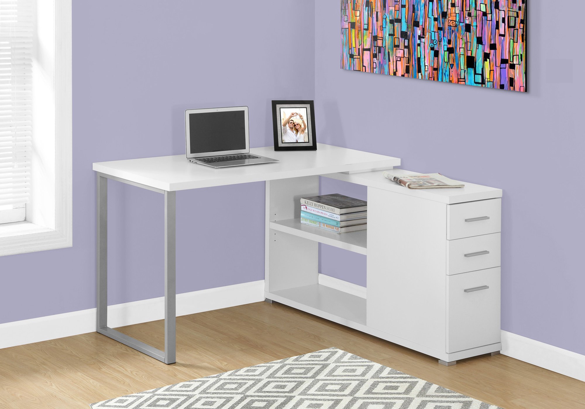 Monarch Specialties Contemporary L-Shaped Corner Desk with Open Shelves & Drawers - 48