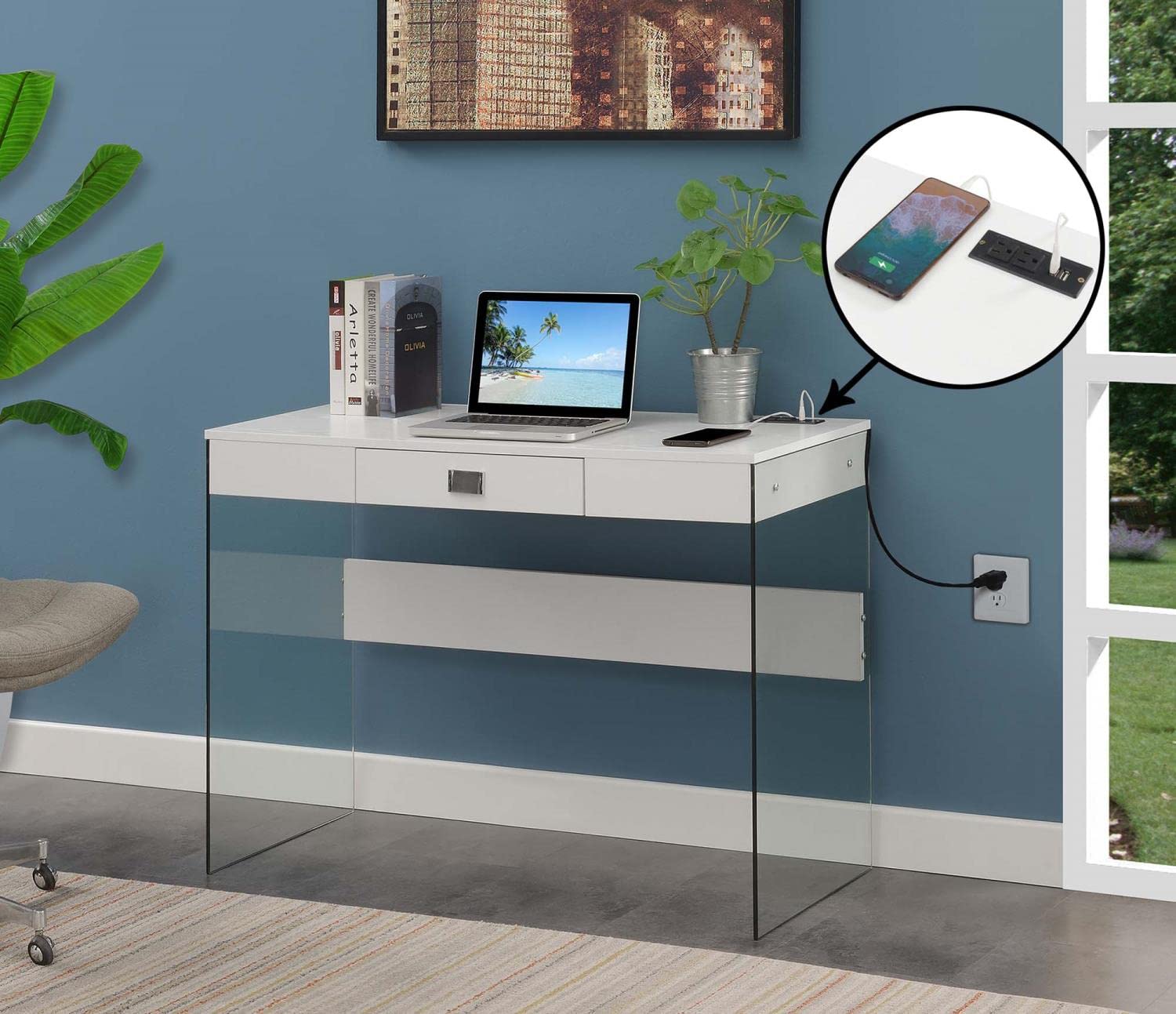 Soho Glass Desk with Built-in Charging Station - 42 Inch Modern White Writing Desk for Home Office, Gaming & Study Workspace