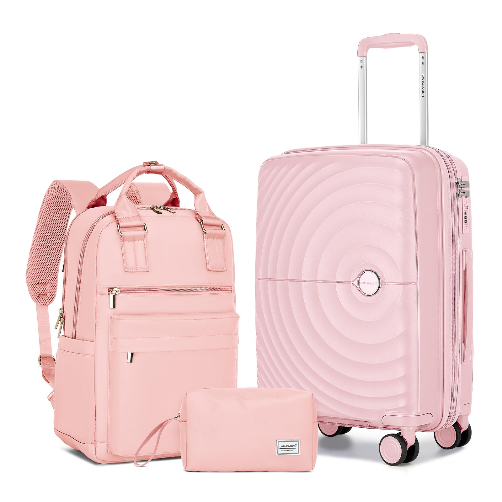3-Piece Lavender Hardshell Luggage Set - 20in Carry On Suitcase with Expandable PP Shell, 360° Spinner Wheels & Travel Backpack - Light Pink for Men & Women - Perfect for Air Travel, Business Trips & Family Vacations