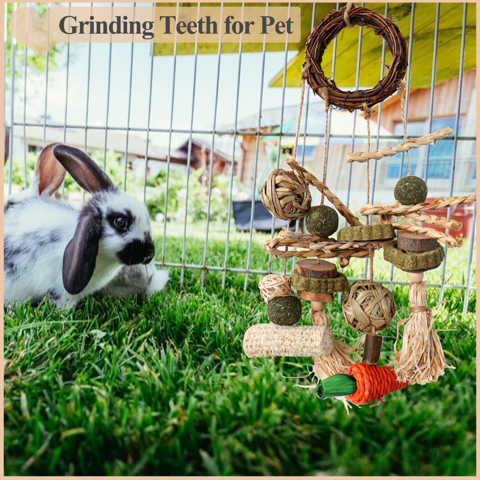 HERCOCCI 2 Pack Natural Handmade Bunny Chew Toys for Rabbits - Safe Hanging Cage Treats for Small Pets Like Guinea Pigs, Hamsters & Gerbils | Perfect for Teeth Grinding, Boredom Relief & Cage Enrichment