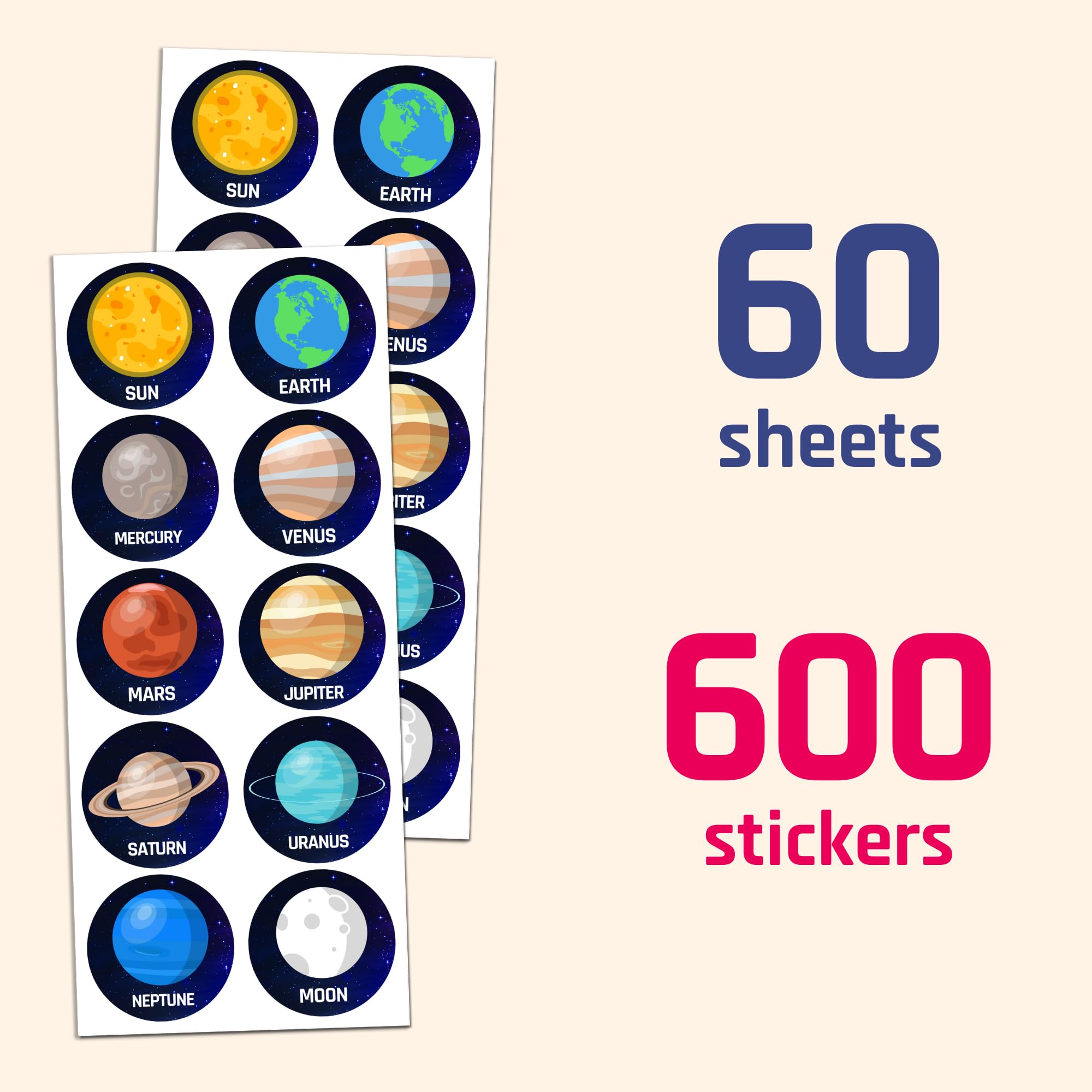 60 Sheets, 600 Stickers - Solar System Planet Stickers for Kids (1.5 Inch) - Perfect for Scrapbooking, School Projects, and Space-Themed Decorations