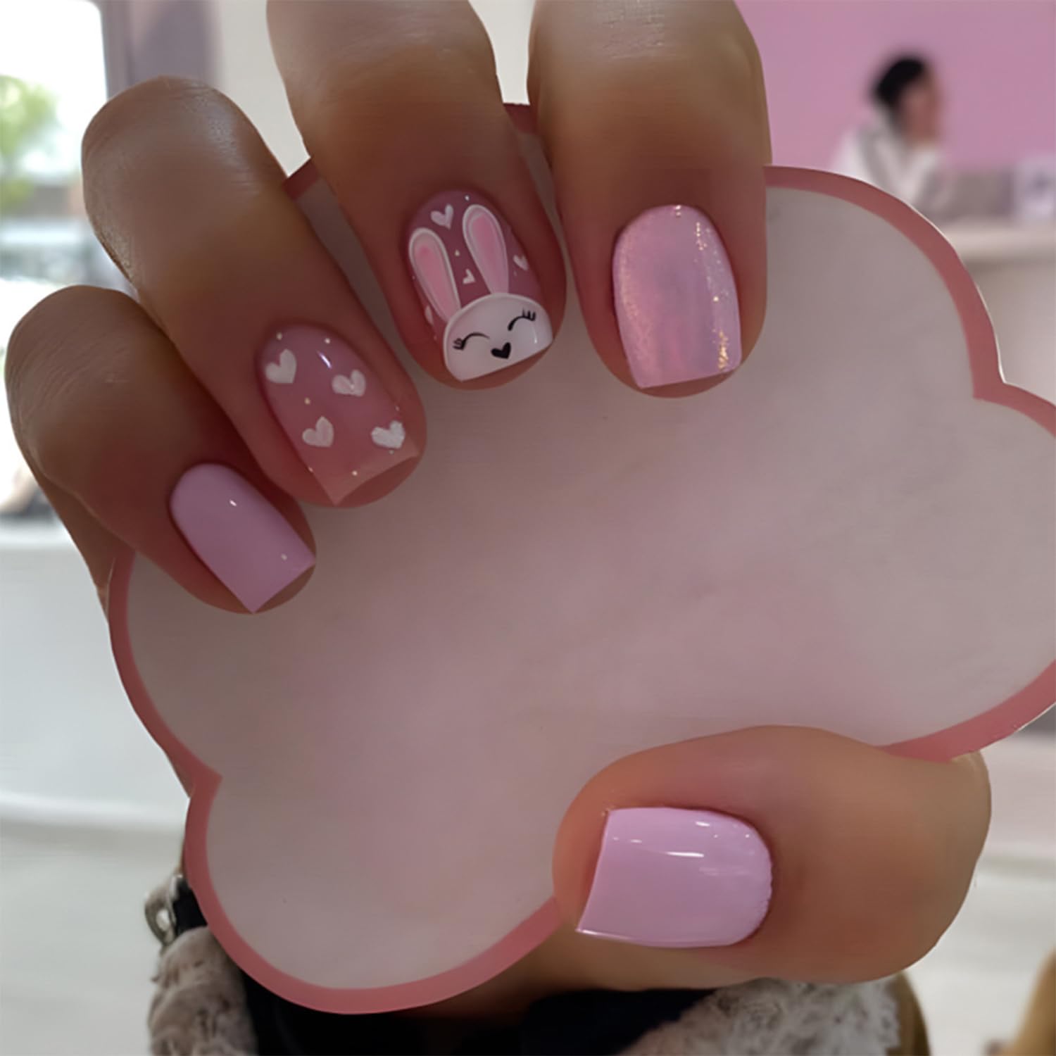 Easter Press on Nails Short Square Fake Nails - 24Pcs Bunny Rabbit Love Heart Design Acrylic Nail Kit | Pink & White Glue on Nails for Easter Party, Spring Nail Art, Holiday Manicure Decorations
