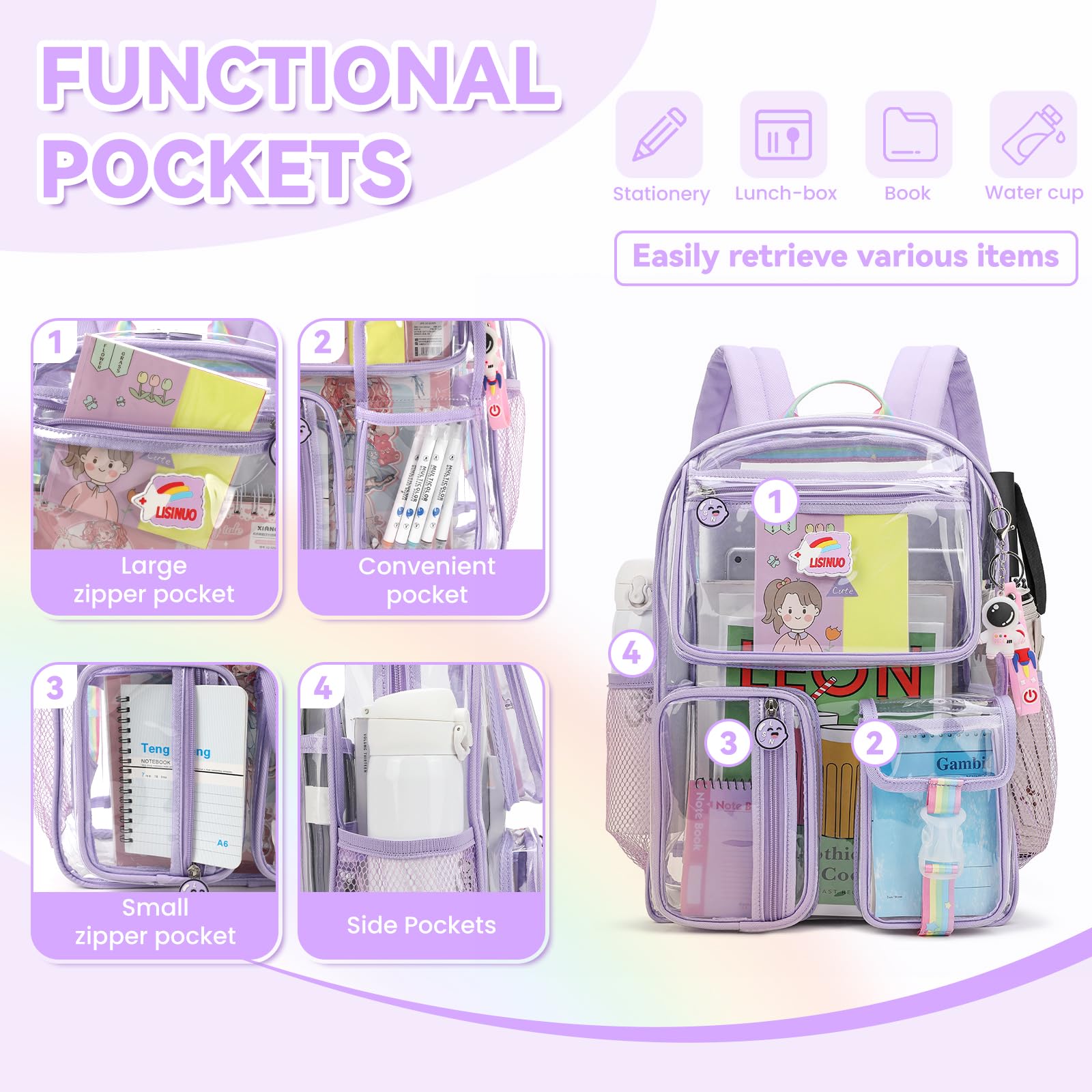 Clear Heavy Duty Transparent Backpack for School & Travel - Stadium Approved Bookbag with Keychain (Purple) - Perfect for School, Work, Concerts & Security Checkpoints