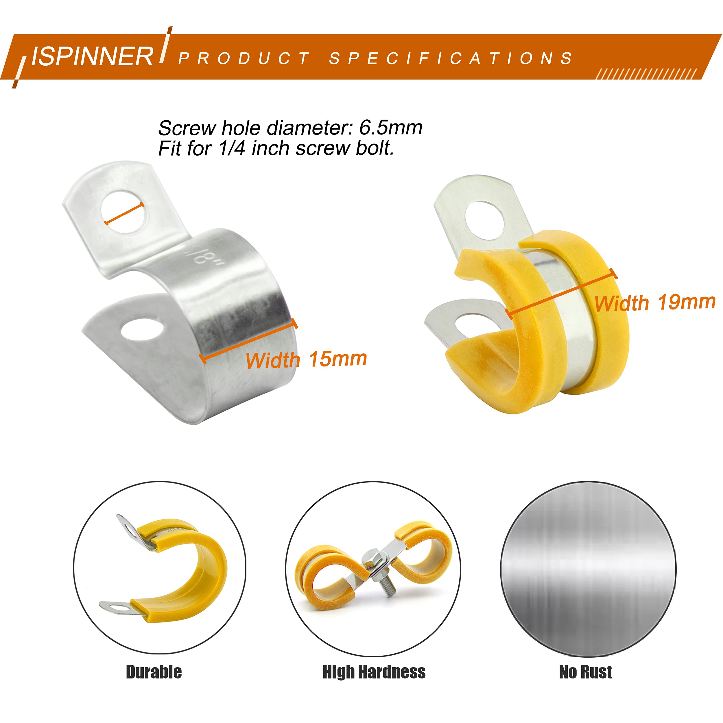 ISPINNER 52pcs Stainless Steel Cable Clamps Kit - 304 Rustproof Pipe Clamps with Rubber Cushion in 6 Sizes (1/4