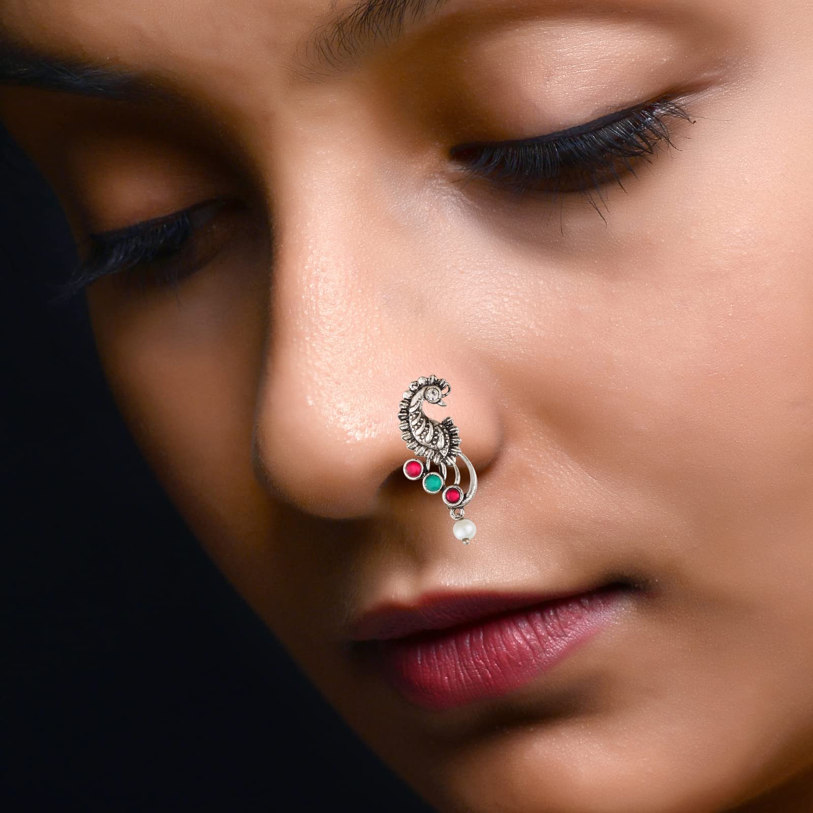 Vighnaharta Silver Plated Nose Ring with Pearls, Alloy & CZ Stones - Non-Piercing Maharashtrian Nathiya for Women | Valentine's Day Gift for Her, Bridal Jewelry, Indian Ethnic Wear Accessory [VFJ1075NTH-Press]