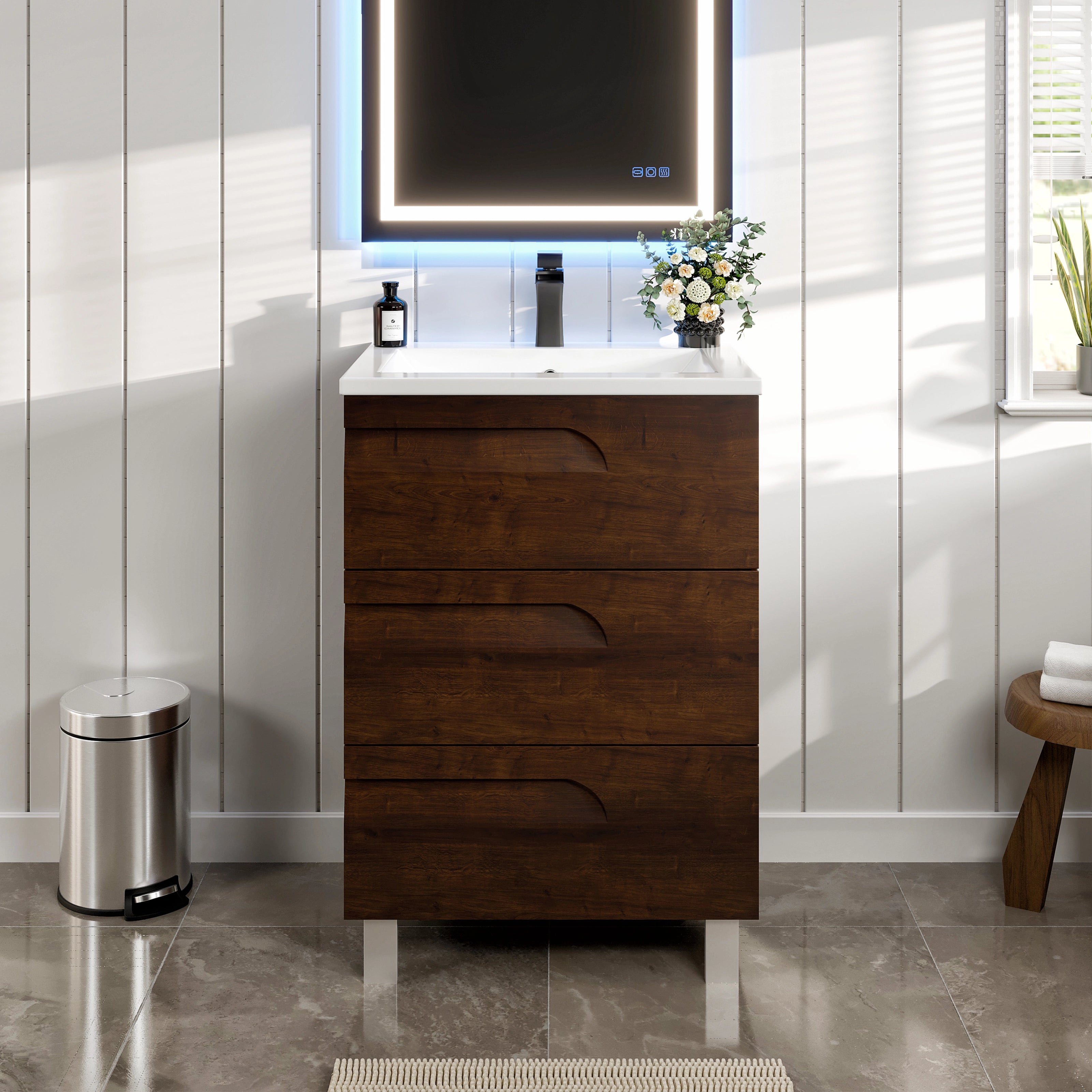 24 Inch Rosewood Single Sink Bathroom Vanity with Porcelain Countertop & Integrated Sink - Modern Bathroom Storage Solution for Small Spaces & Powder Rooms