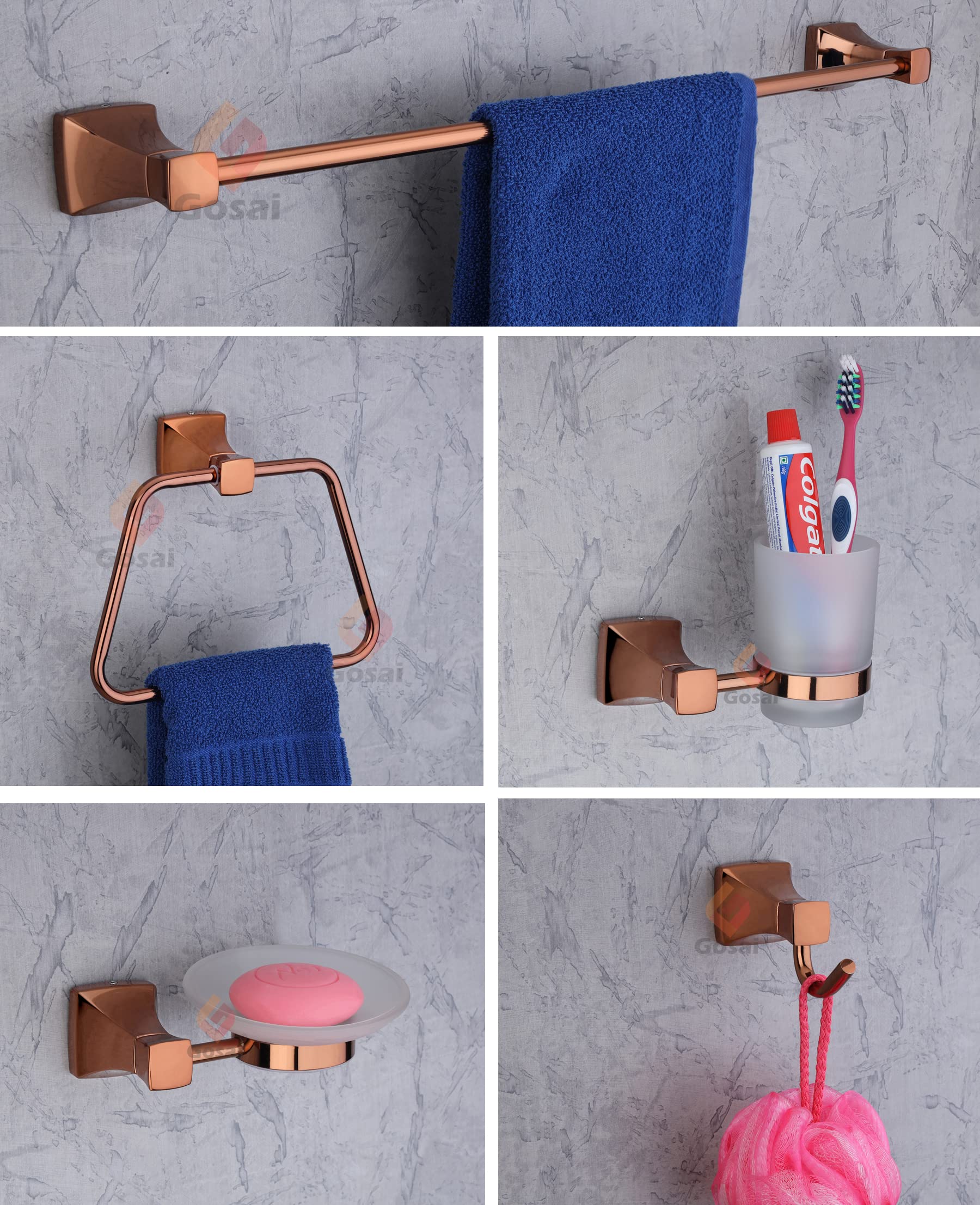 GOSAI 304 Stainless Steel Bathroom Accessories Set - 5 Piece Premium PVD Rose Gold Pyramid Design (24