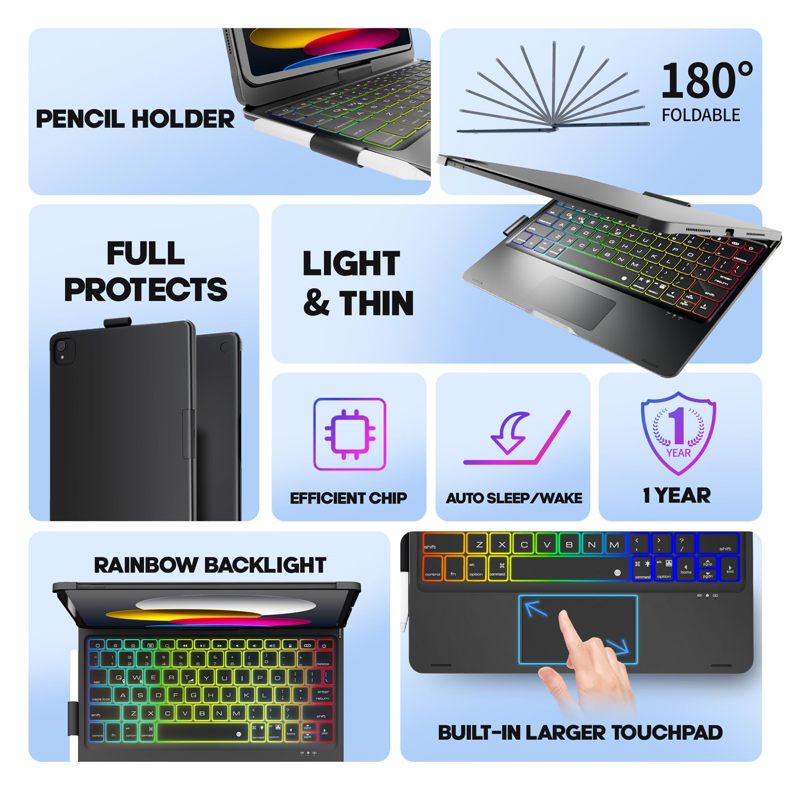 NOKBABO iPad 10th & 11th Generation Keyboard Case with Trackpad - Compatible with iPad Air 11 (M3/M2), iPad Pro 11 (1st-4th Gen) & iPad Air 4/5 - 360° Swivel, Backlit, Matte Black - Perfect for Work, Study & Travel