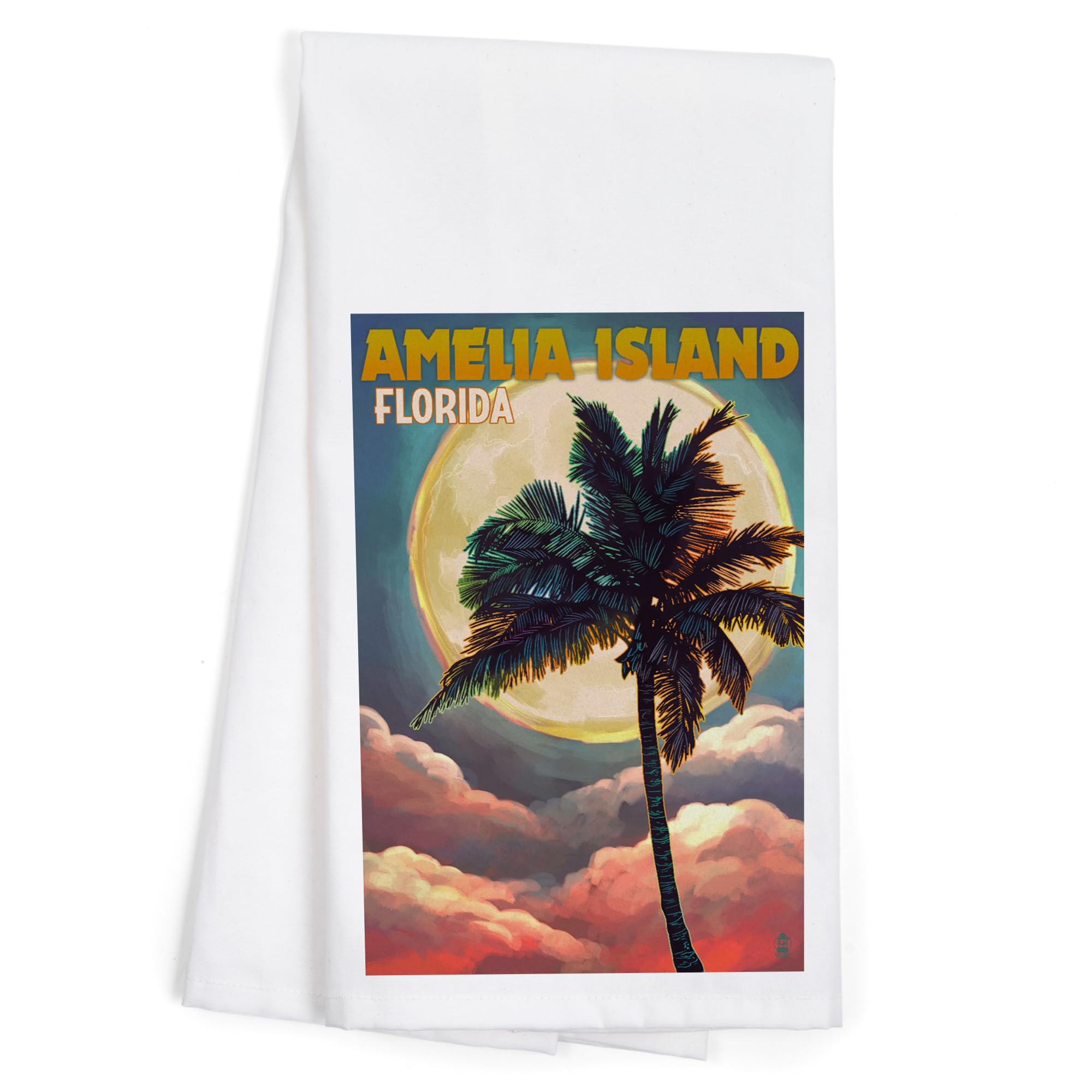 **Amelia Island Florida Palm & Moon 100% Cotton Tea Towel - Decorative Kitchen Hand Towel for Home, Dish Drying & Coastal Decor**