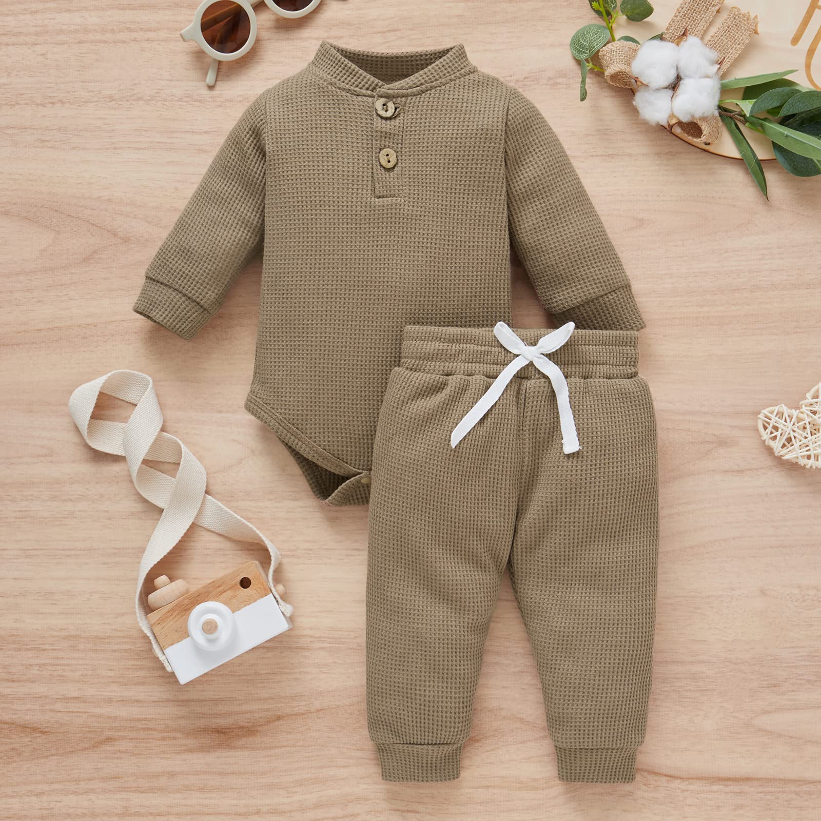 Yccutest Unisex Baby Romper & Pants Set - Soft Waffle Knit Long Sleeve Outfit for Newborn & Toddler (0-24 Months) | Fall Winter Infant Clothes for Boys & Girls | Perfect for Playdates, Family Photos & Cozy Home Wear