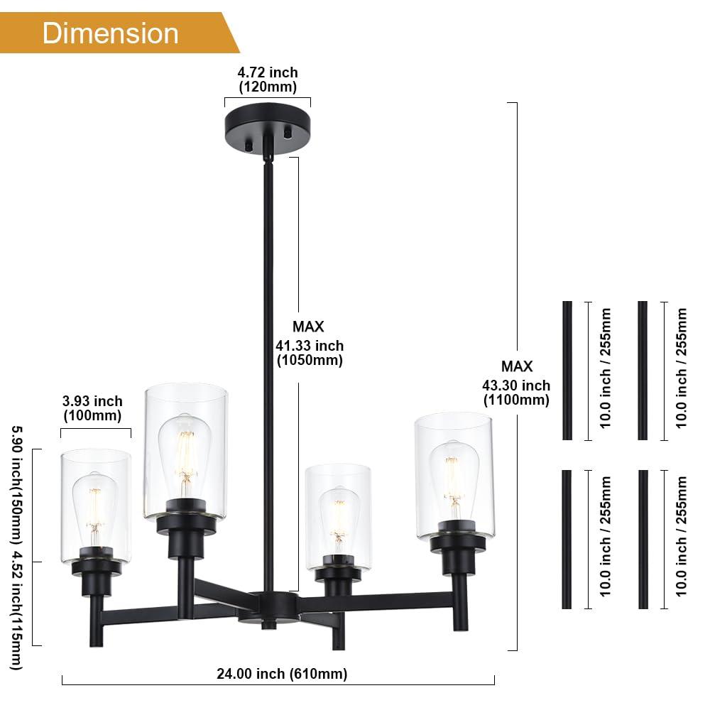VINLUZ 4-Light Black Farmhouse Chandelier with Clear Glass Cylinder Pendant - Rustic Kitchen Lighting Fixture for Dining Room, Bedroom, Living Room & Entryway | Perfect for Farmhouse, Industrial & Modern Home Decor