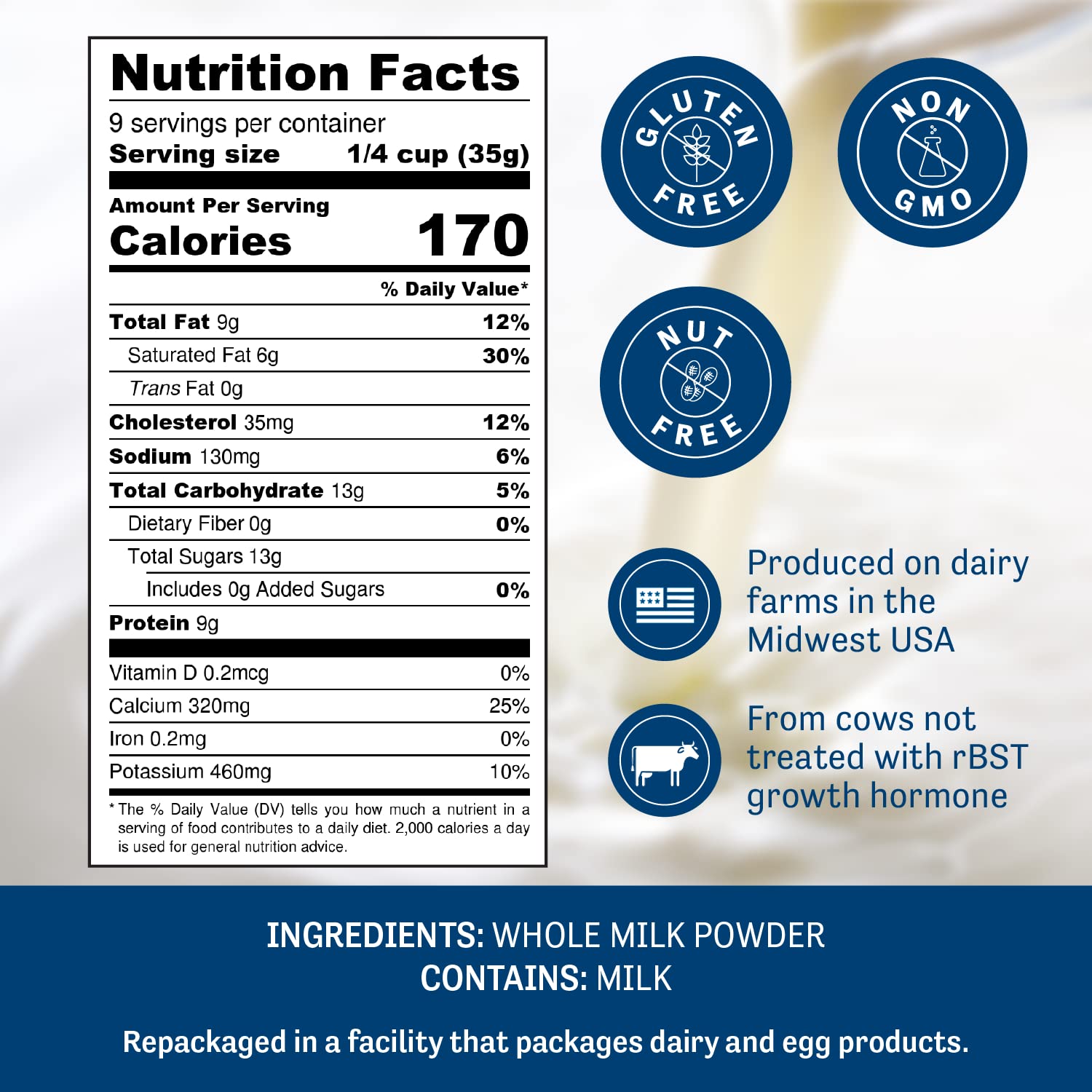 Judee's Gluten Free Pure Whole Milk Powder - Non-GMO, Hormone Free, rBST Free, Nut Free - USA Made Shelf Stable Powdered Milk (11oz) for Baking, Cooking, Coffee & Emergency Food Storage - Perfect for Camping, Travel & Pantry Essentials