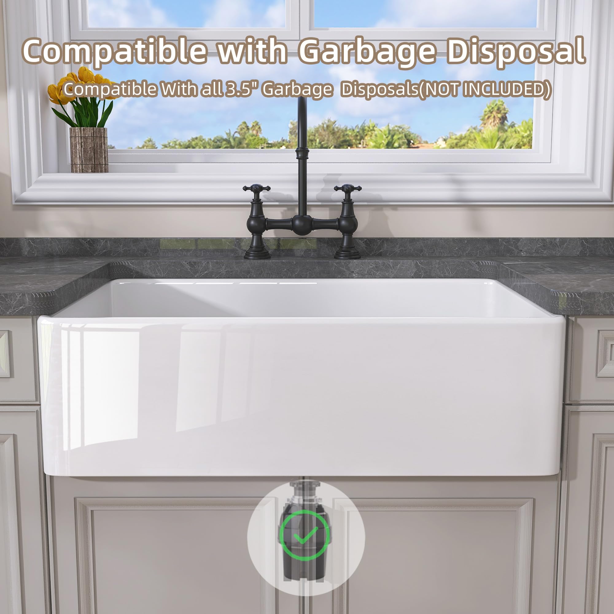 GETPRO 33 Inch White Fireclay Farmhouse Sink - Undermount Apron Front Single Bowl Kitchen Sink with Accessories - Perfect for Modern Farmhouse, Rustic, and Country Style Kitchens