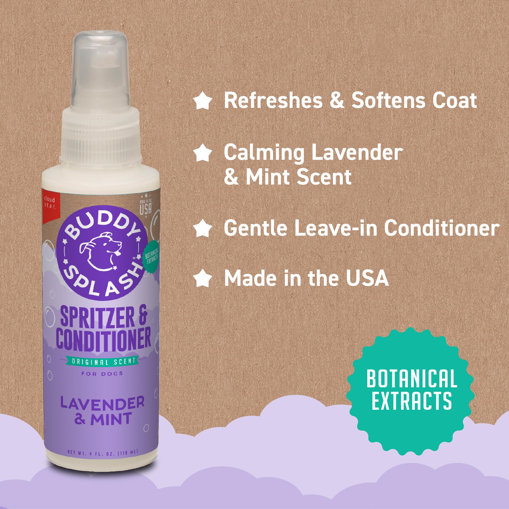 Buddy Splash Spritzer & Conditioner for Dogs - Lavender & Mint Scented Leave-In Spray (4oz) | Detangling, Moisturizing & Deodorizing Dog Grooming Spray | Perfect for Bath Time, Brushing & Between Washes