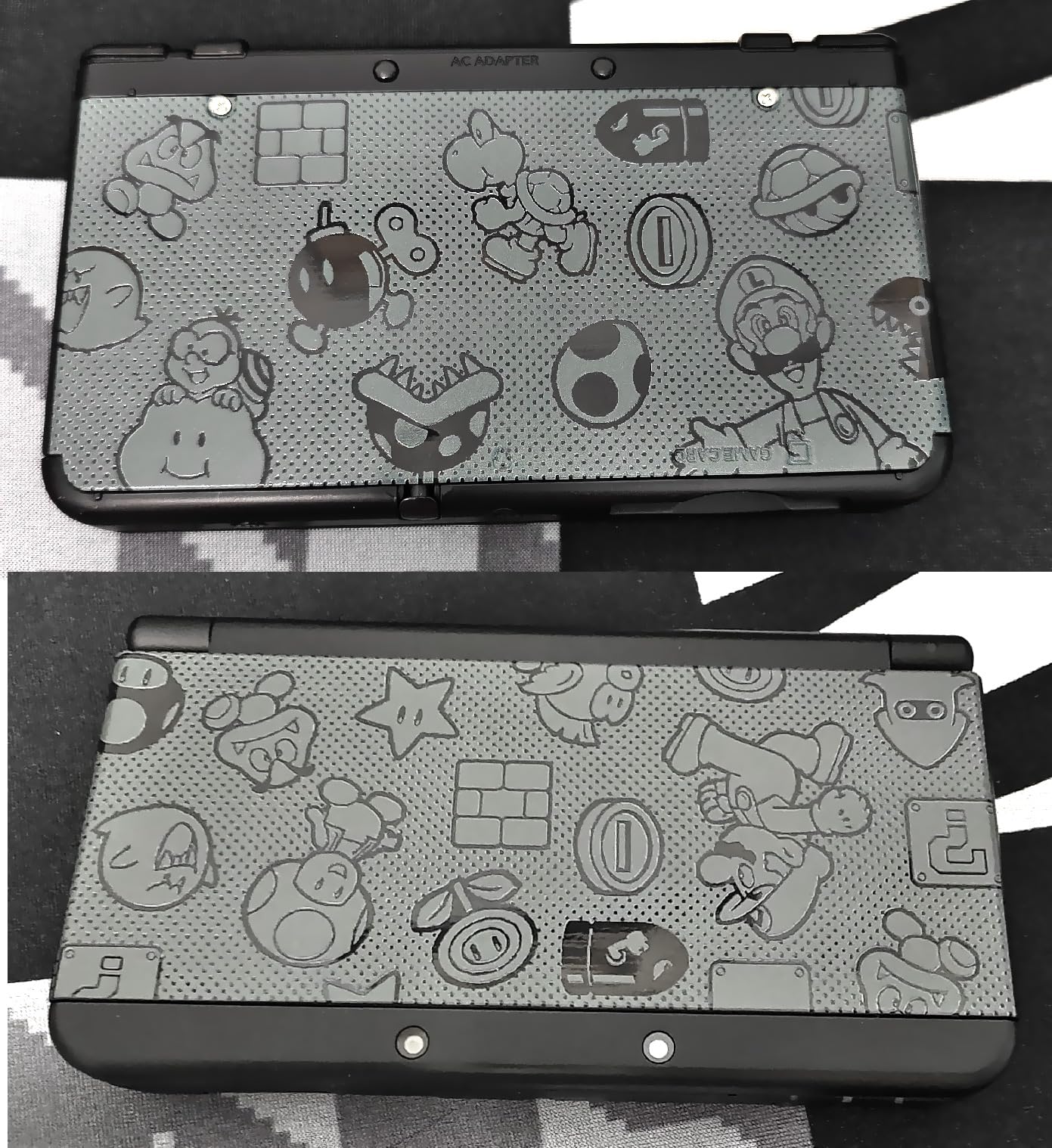Customized Mario Grey Limited Edition Faceplate Replacement Shells for New 3DS XL - Top & Bottom White/Black Back Cover Plates - Perfect for Gaming Enthusiasts & Collectors