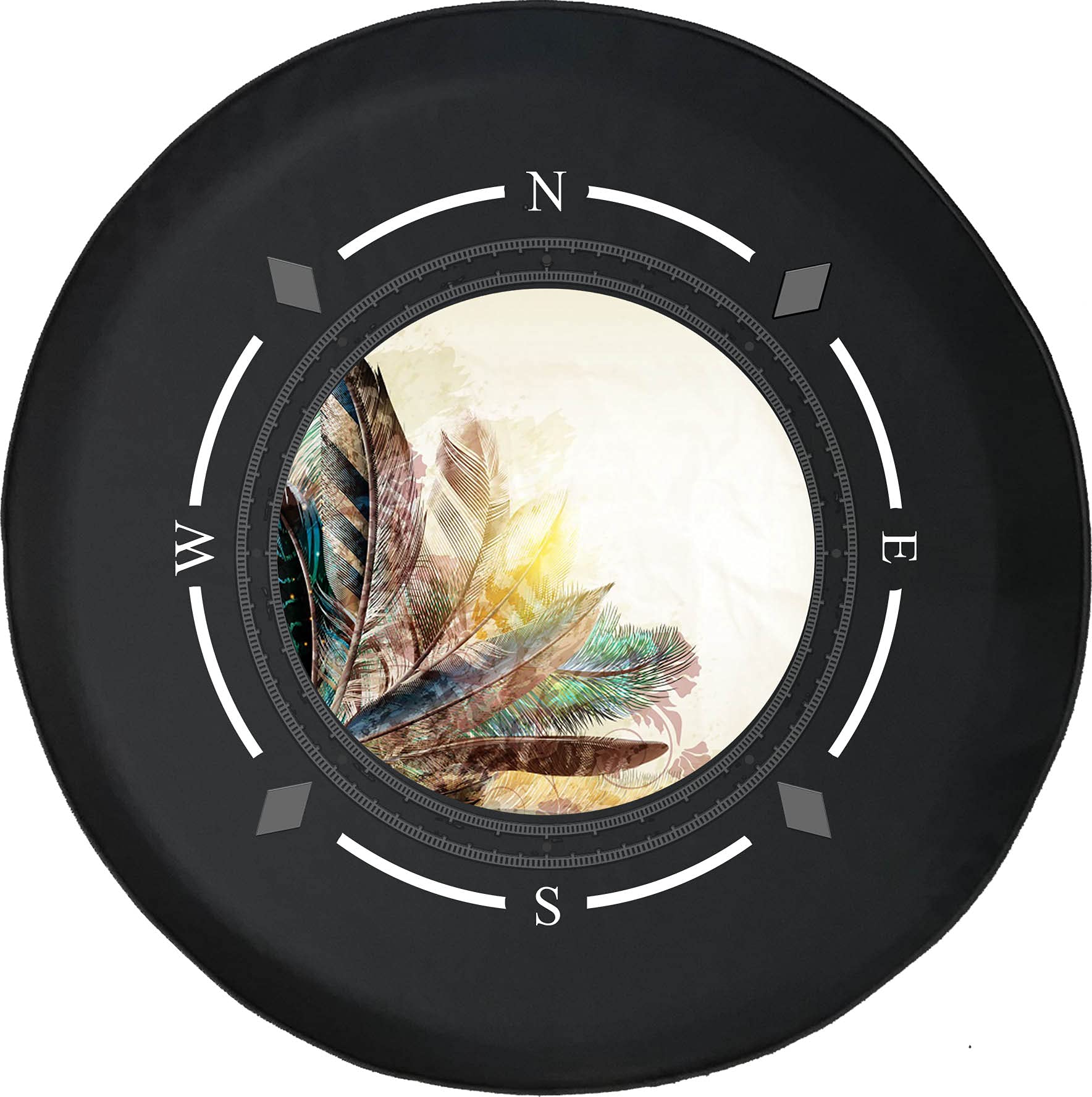 American Unlimited Spare Tire Cover with Compass & Feather Design - Universal Fit for SUV, Trailer, RV & Most Vehicles - Durable Wheel Protection for Off-Road Adventures & Camping Trips